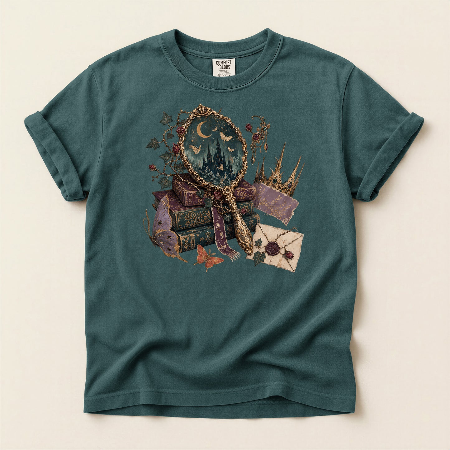 Occult Bookstack T-Shirt — Vintage Mirror, Moon & Potion Gothic Graphic Tee