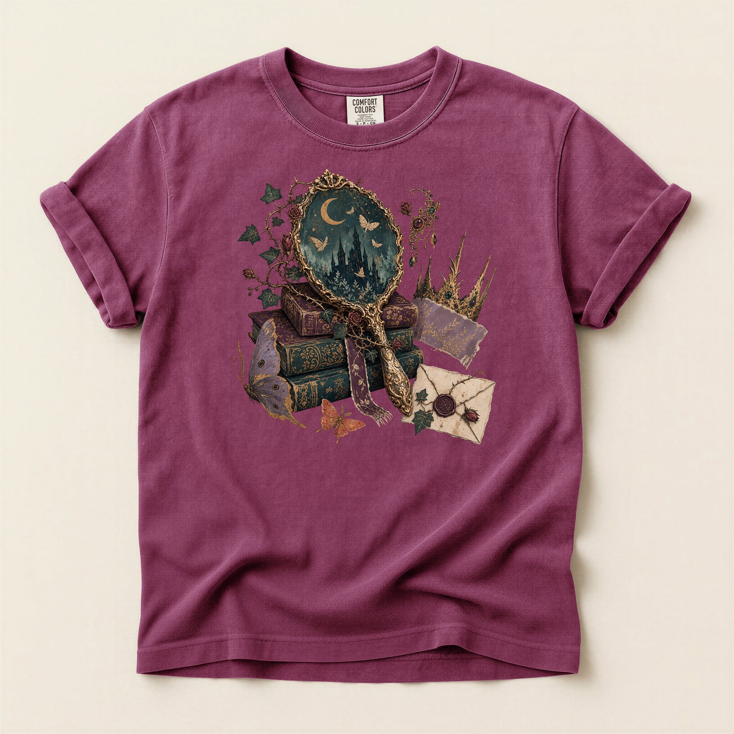Occult Bookstack T-Shirt — Vintage Mirror, Moon & Potion Gothic Graphic Tee