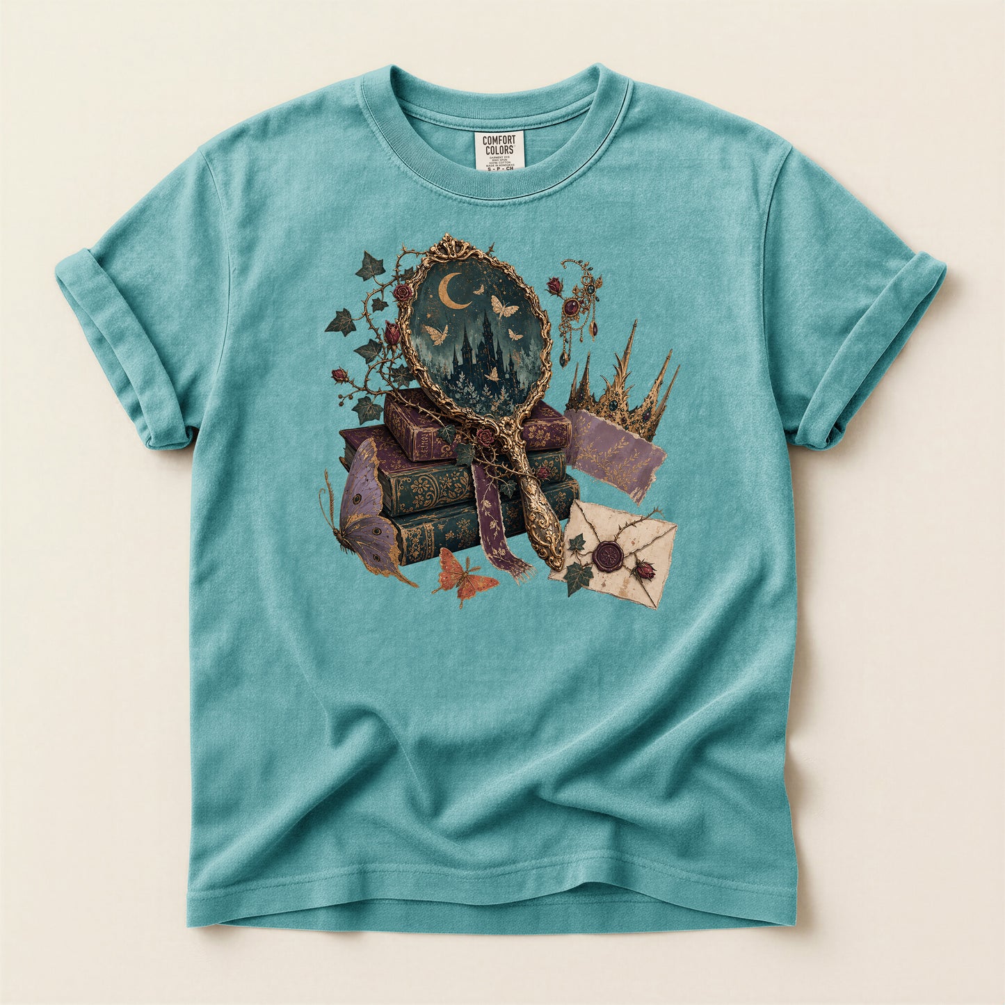 Occult Bookstack T-Shirt — Vintage Mirror, Moon & Potion Gothic Graphic Tee