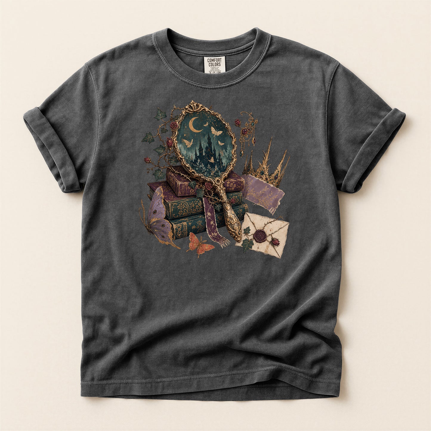 Occult Bookstack T-Shirt — Vintage Mirror, Moon & Potion Gothic Graphic Tee