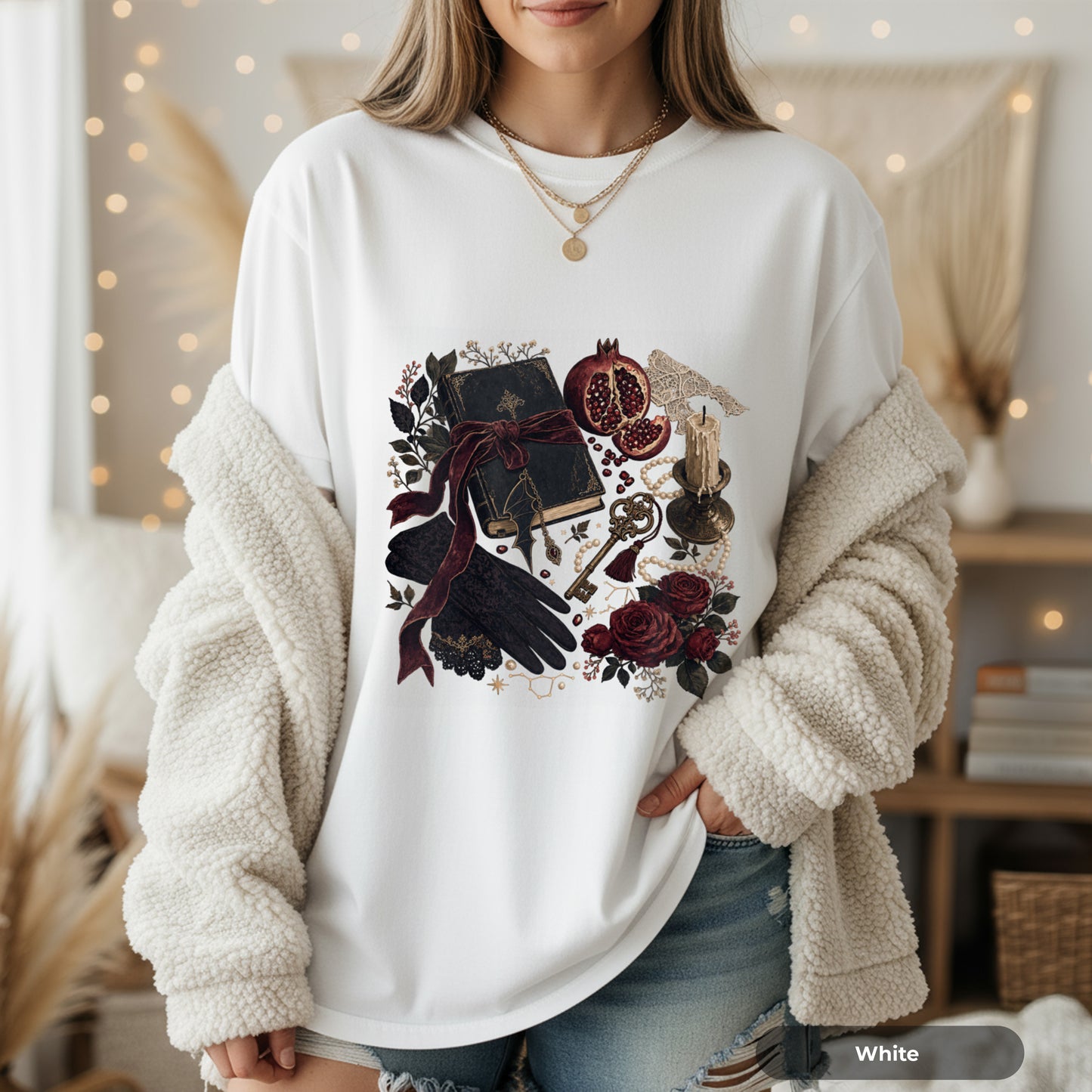 Witchy Still Life T-Shirt — Book, Keys & Pomegranate Illustration