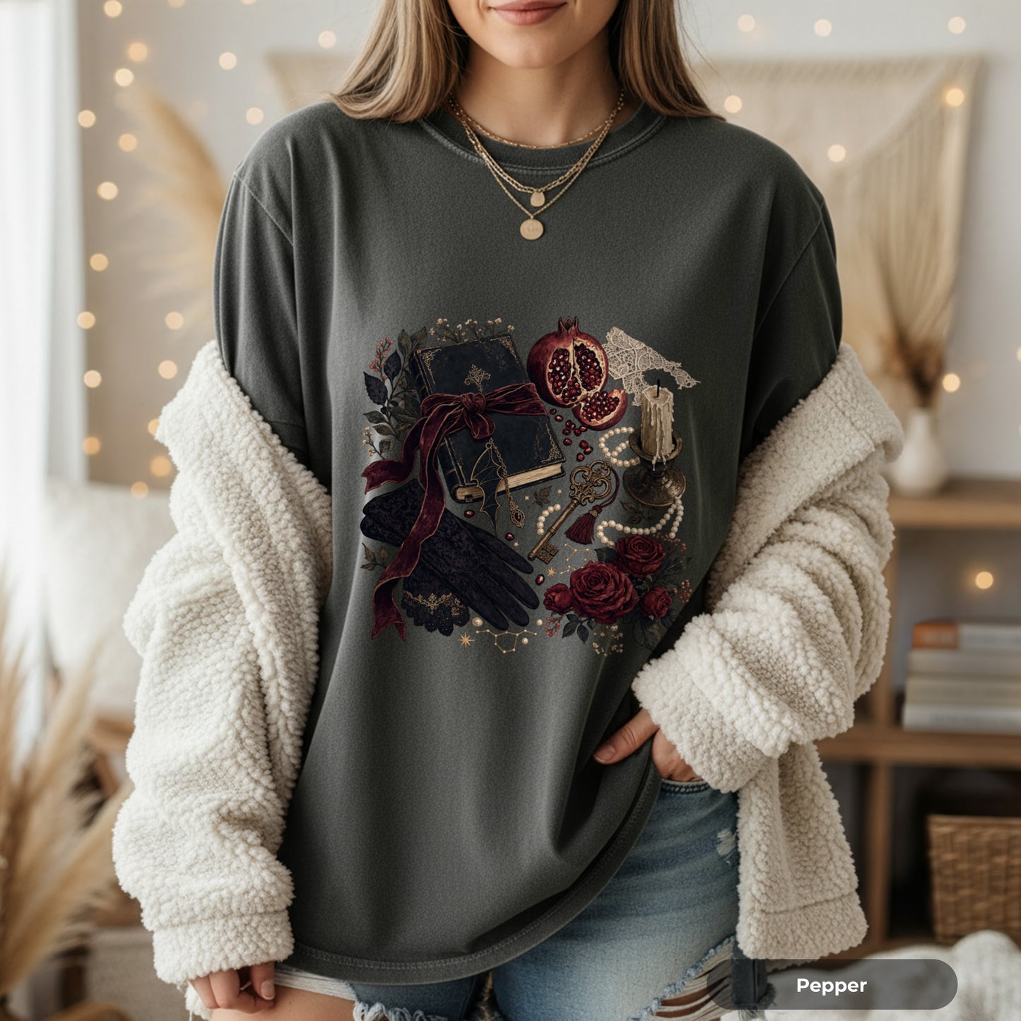 Witchy Still Life T-Shirt — Book, Keys & Pomegranate Illustration