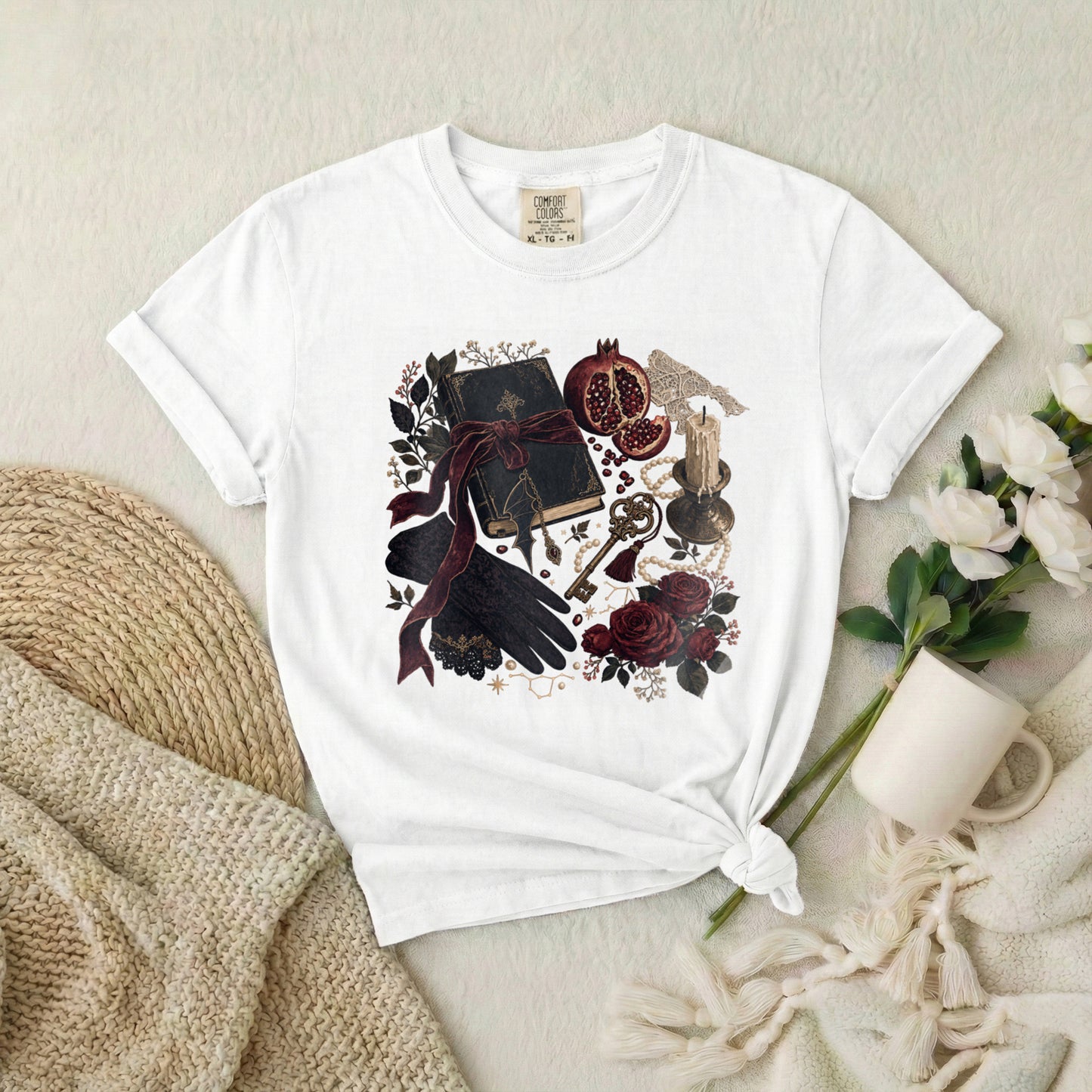 Witchy Still Life T-Shirt — Book, Keys & Pomegranate Illustration