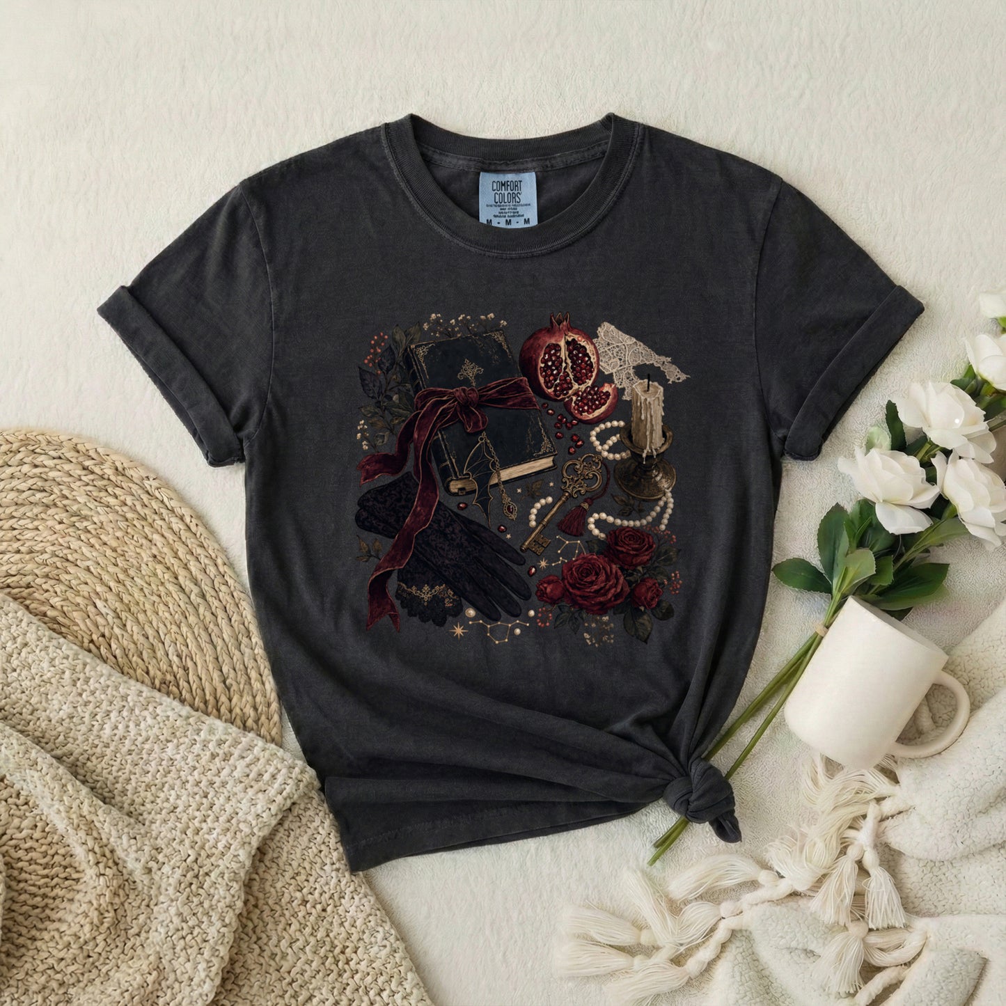 Witchy Still Life T-Shirt — Book, Keys & Pomegranate Illustration