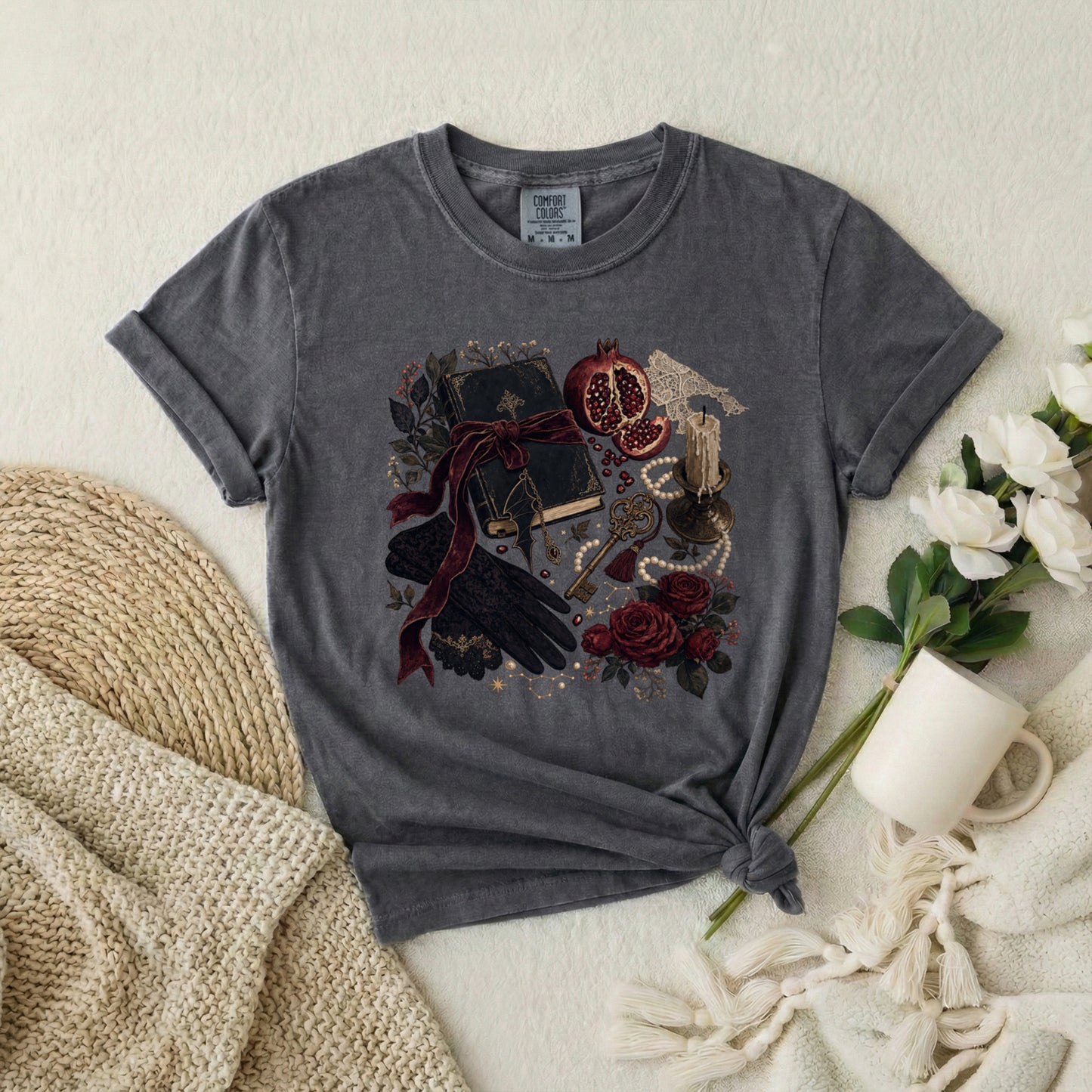 Witchy Still Life T-Shirt — Book, Keys & Pomegranate Illustration