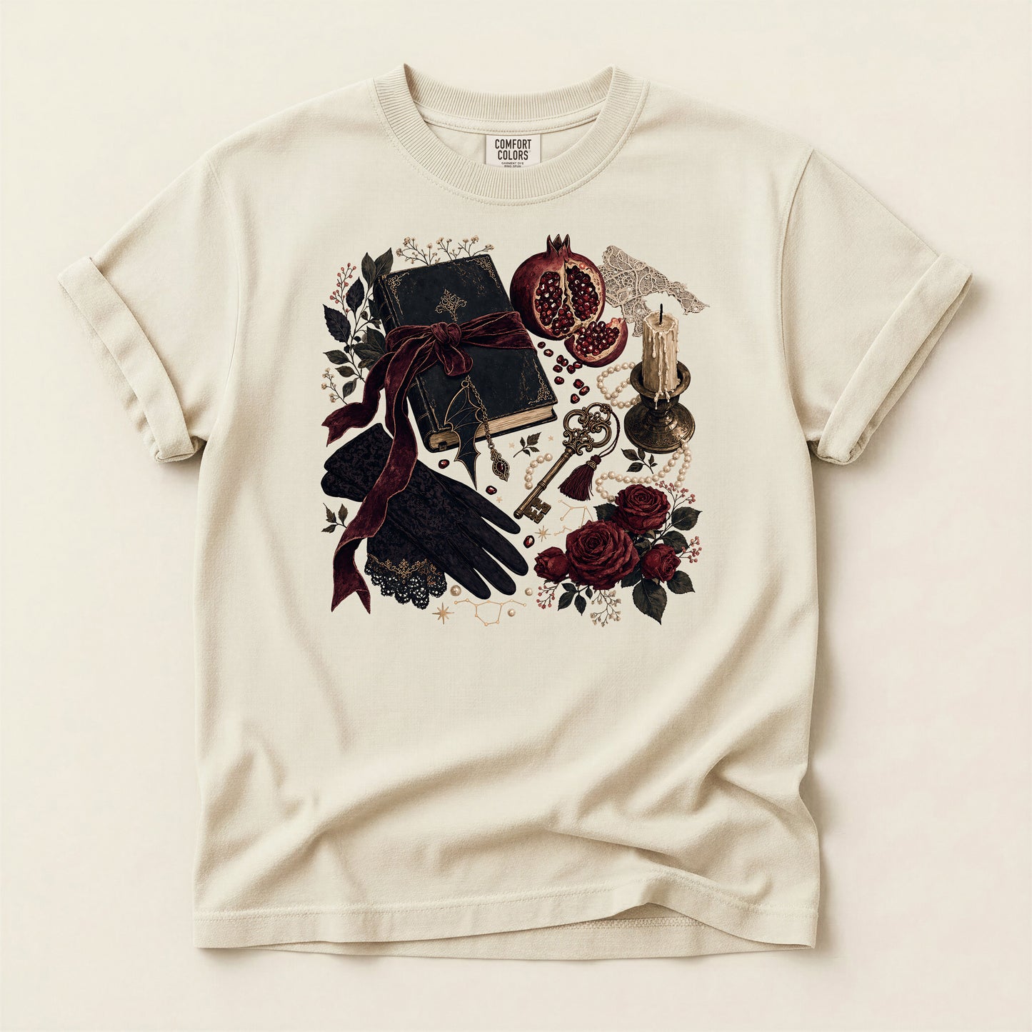 Witchy Still Life T-Shirt — Book, Keys & Pomegranate Illustration