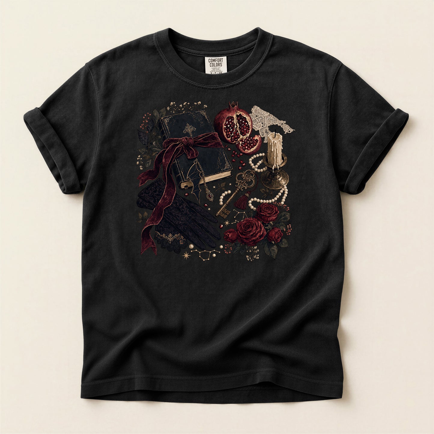 Witchy Still Life T-Shirt — Book, Keys & Pomegranate Illustration