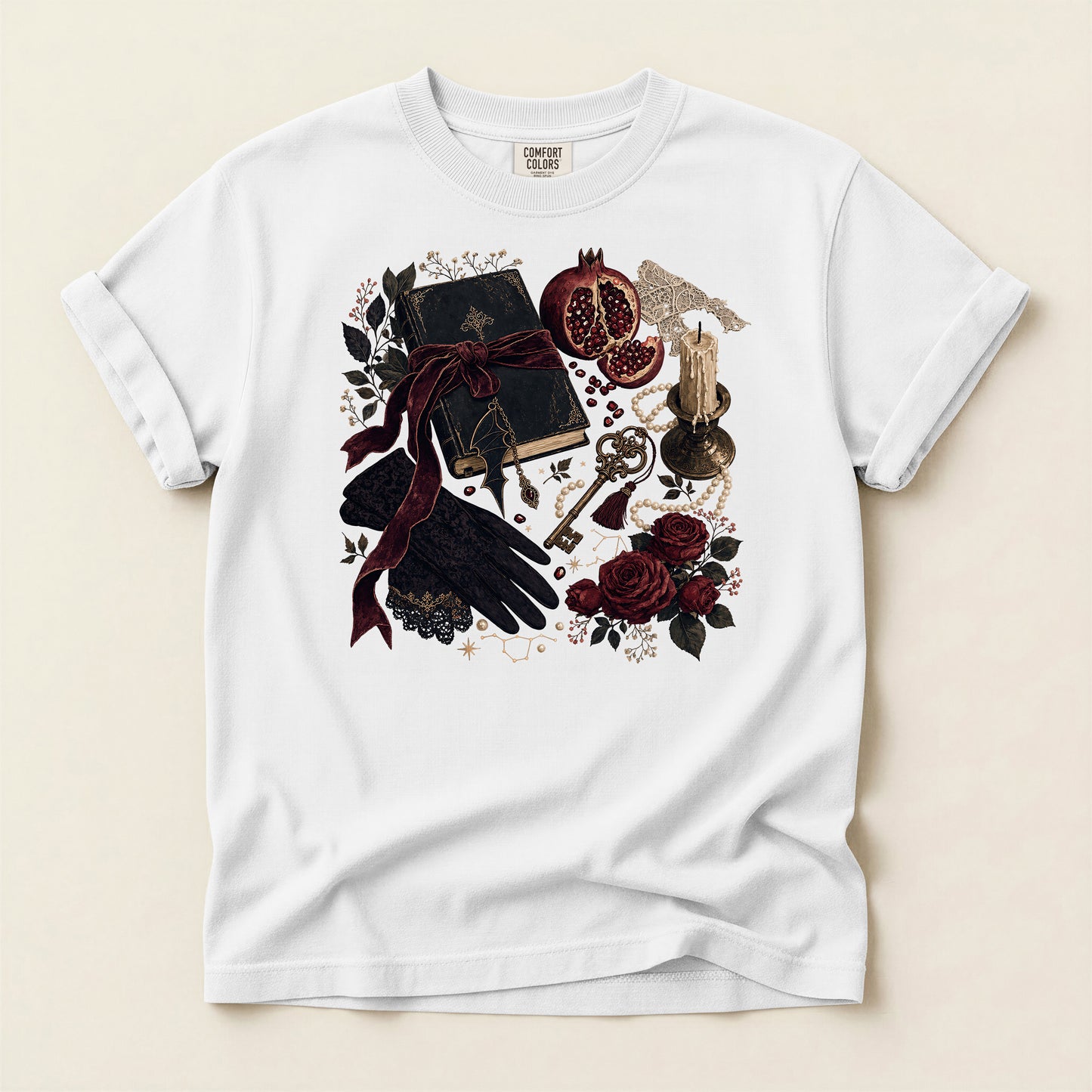 Witchy Still Life T-Shirt — Book, Keys & Pomegranate Illustration
