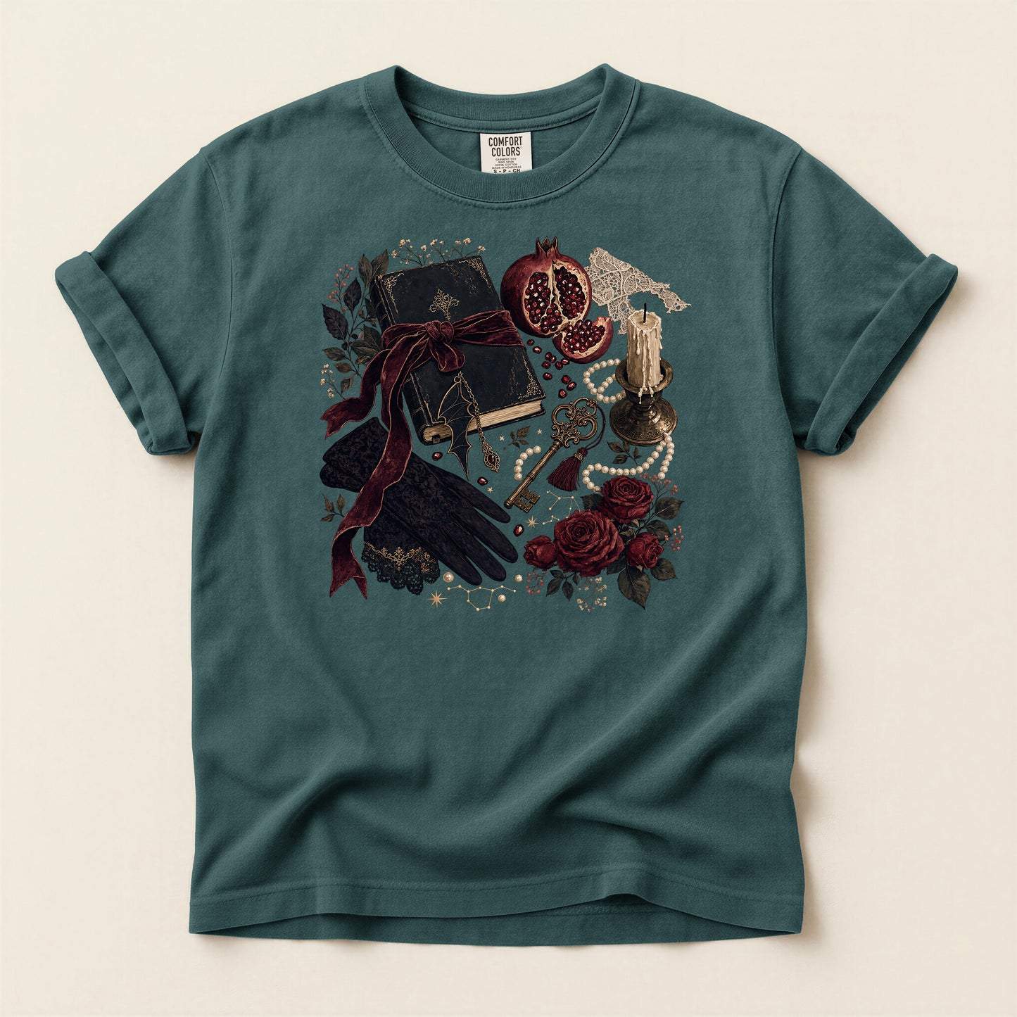 Witchy Still Life T-Shirt — Book, Keys & Pomegranate Illustration