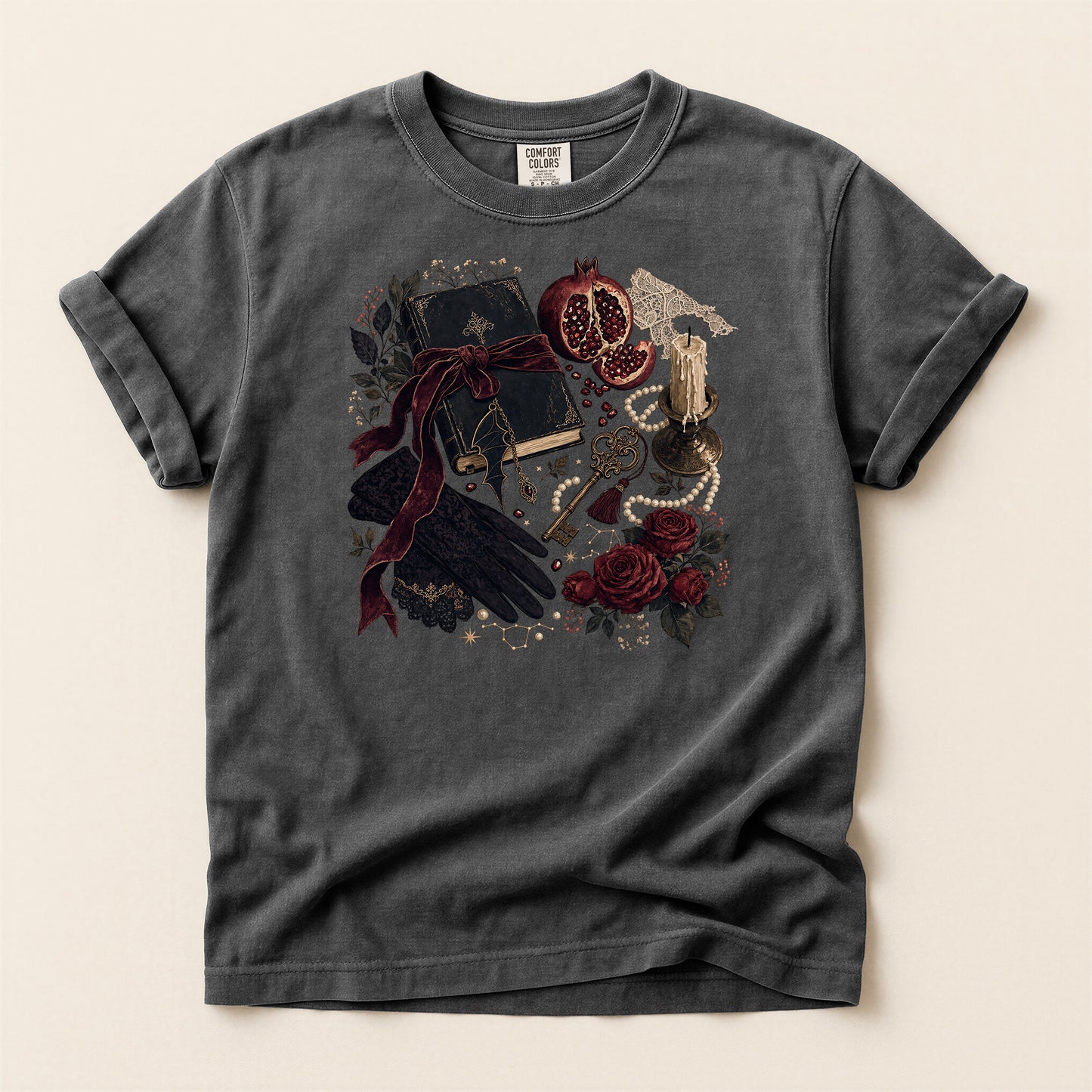 Witchy Still Life T-Shirt — Book, Keys & Pomegranate Illustration