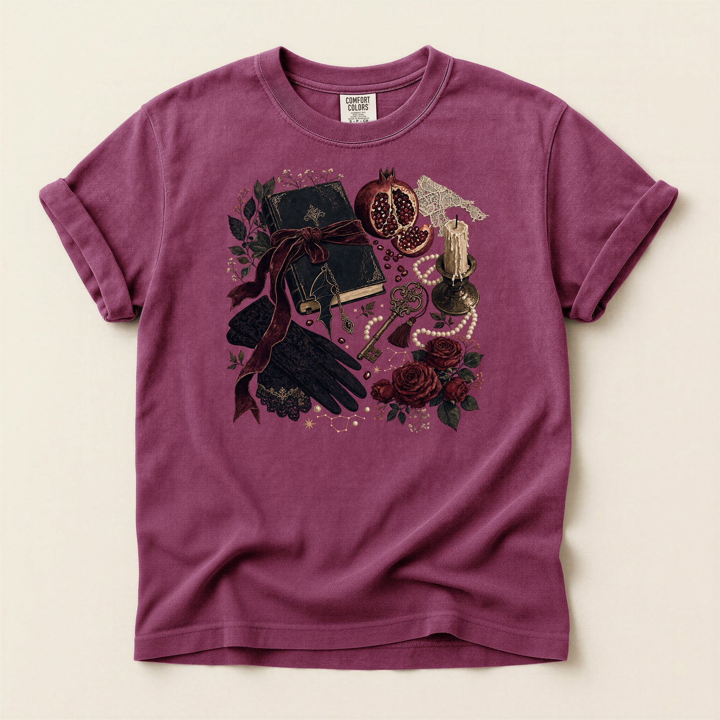 Witchy Still Life T-Shirt — Book, Keys & Pomegranate Illustration