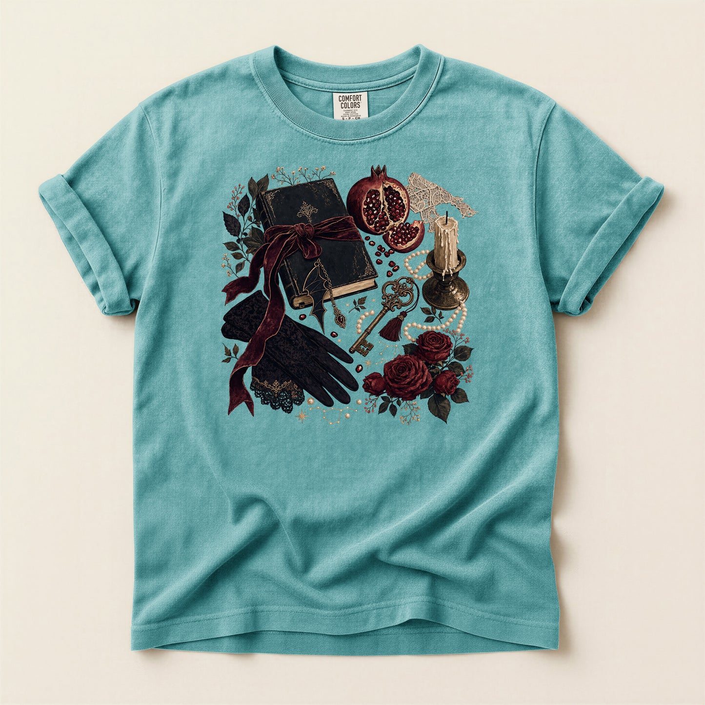 Witchy Still Life T-Shirt — Book, Keys & Pomegranate Illustration