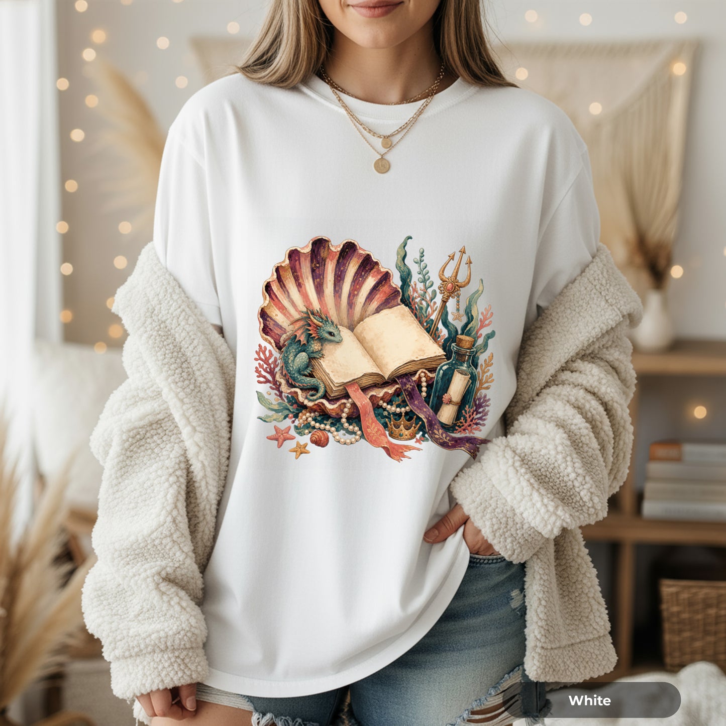 Sea Witch Book T-Shirt — Vintage Mermaid Shell & Trident Graphic