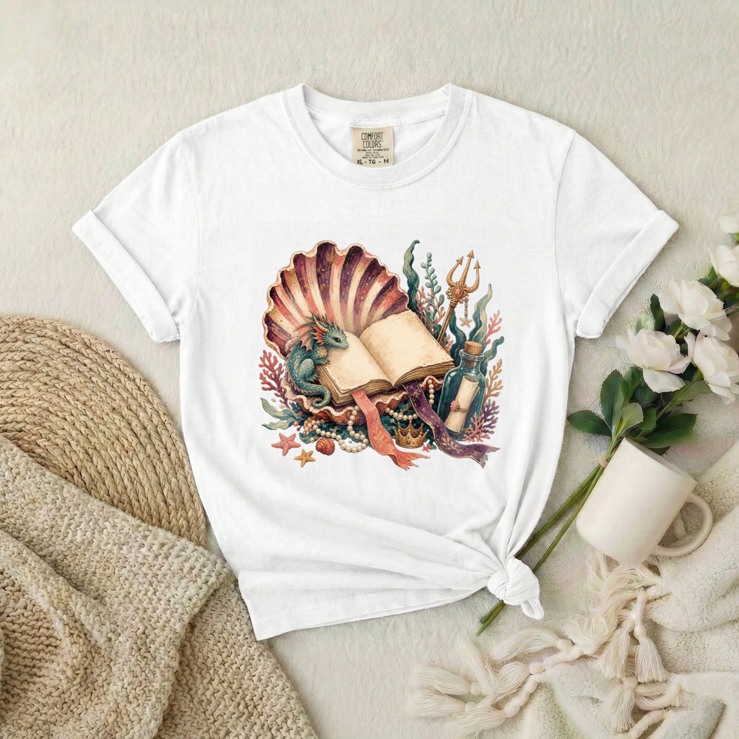 Sea Witch Book T-Shirt — Vintage Mermaid Shell & Trident Graphic