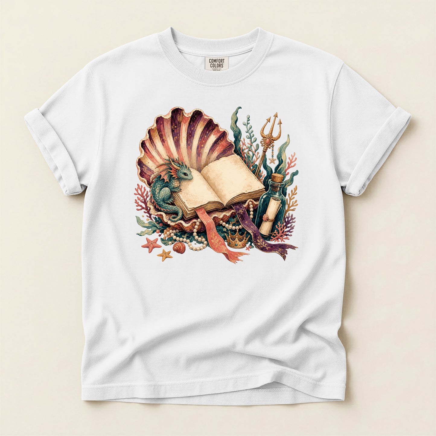 Sea Witch Book T-Shirt — Vintage Mermaid Shell & Trident Graphic