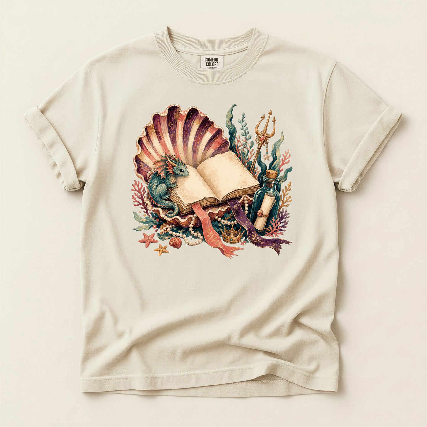 Sea Witch Book T-Shirt — Vintage Mermaid Shell & Trident Graphic