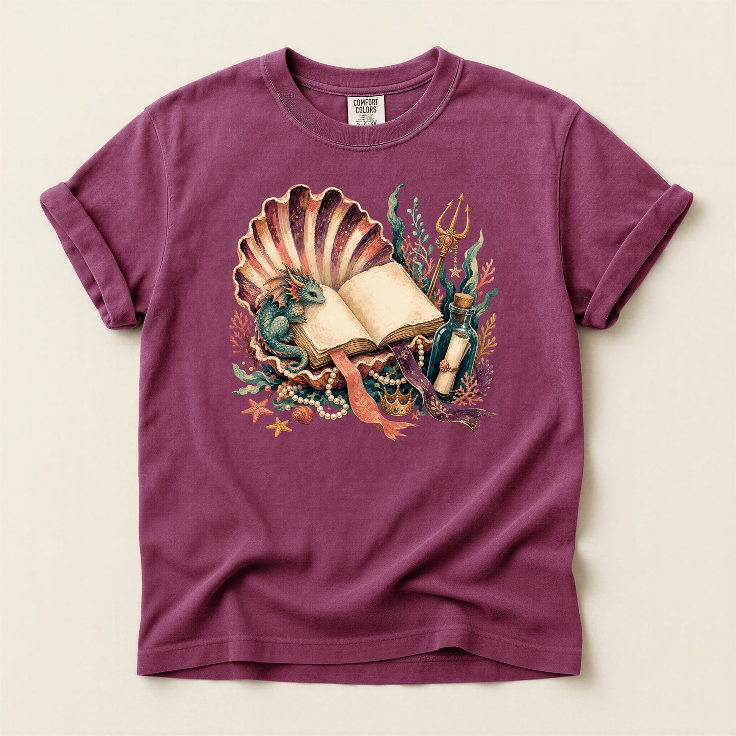 Sea Witch Book T-Shirt — Vintage Mermaid Shell & Trident Graphic
