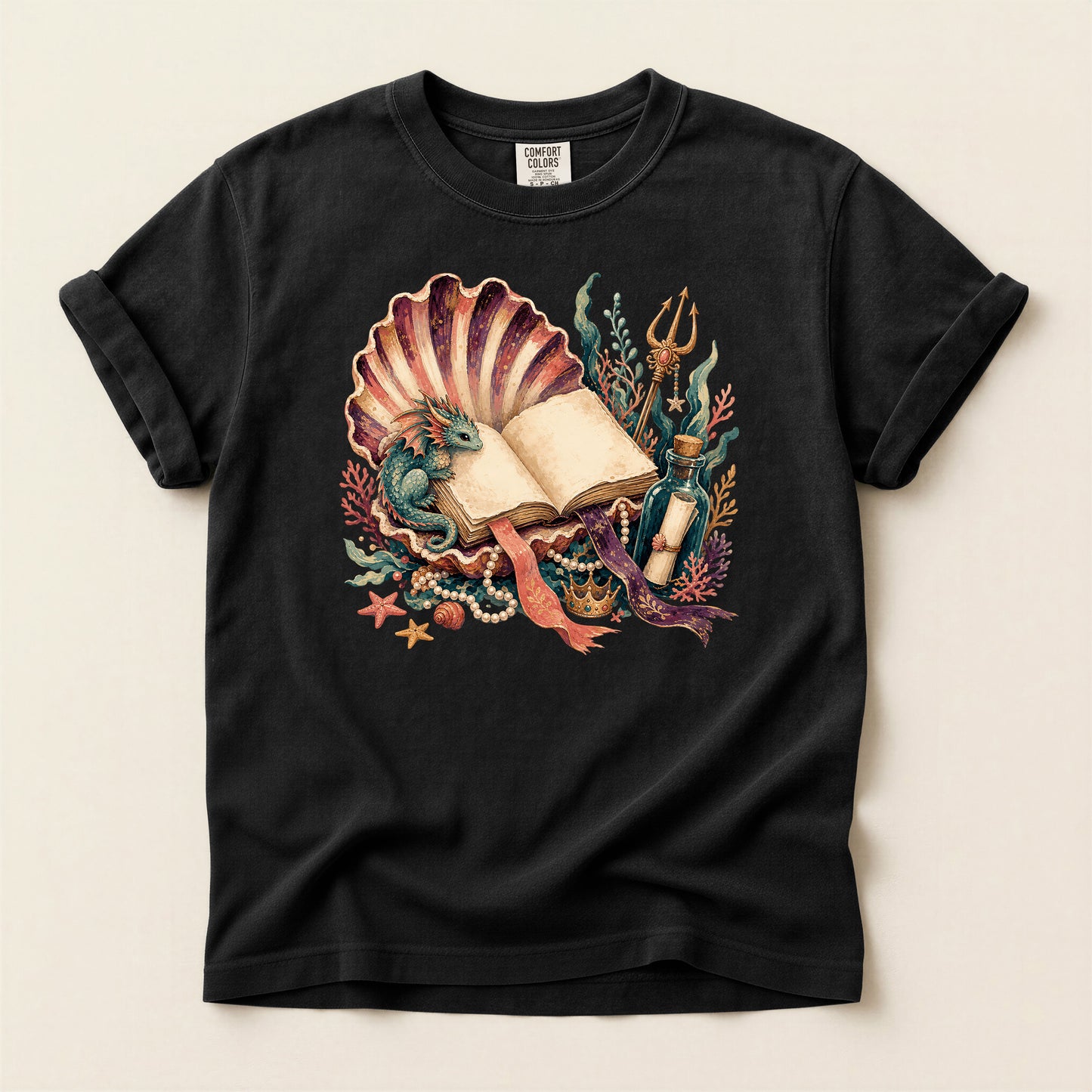 Sea Witch Book T-Shirt — Vintage Mermaid Shell & Trident Graphic