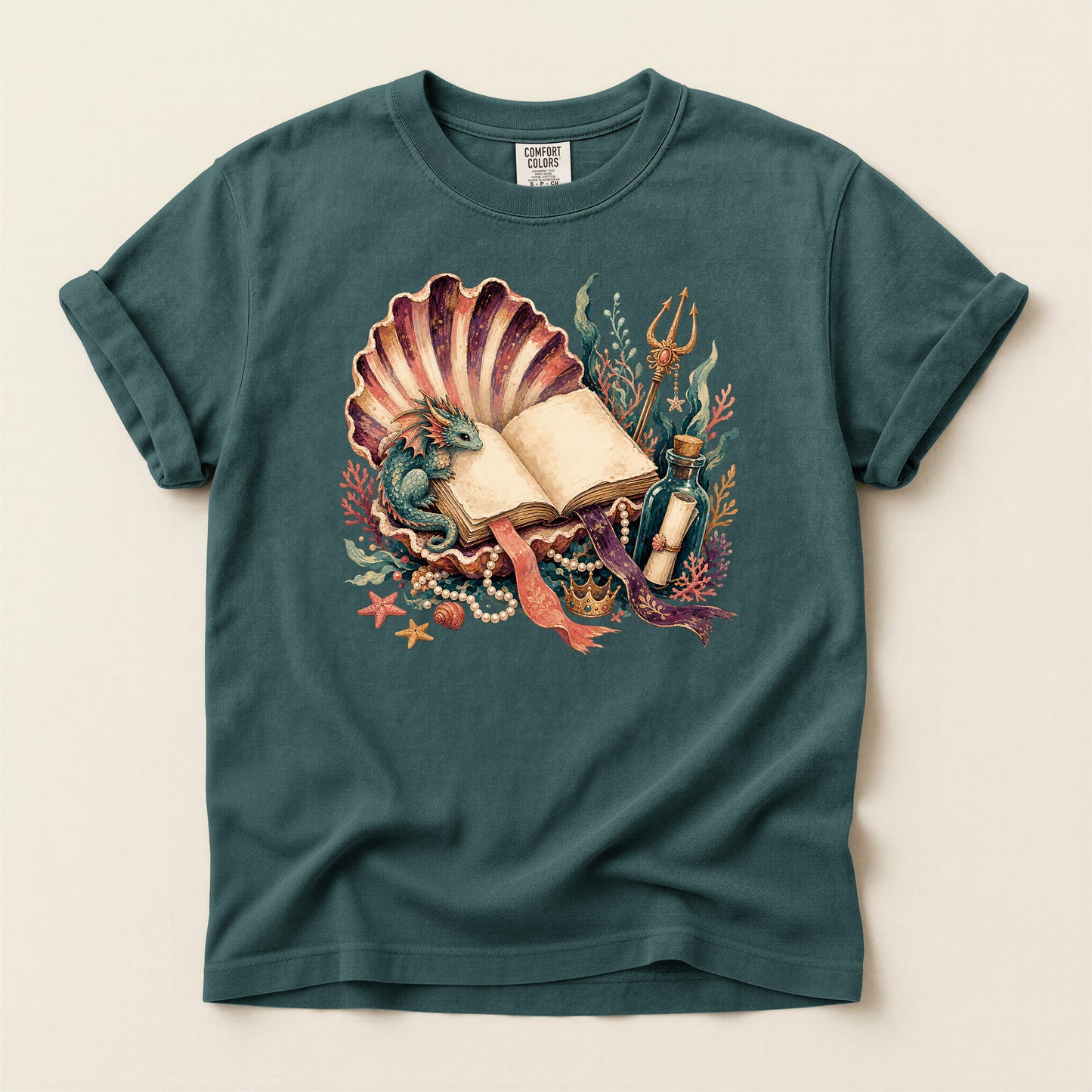 Sea Witch Book T-Shirt — Vintage Mermaid Shell & Trident Graphic