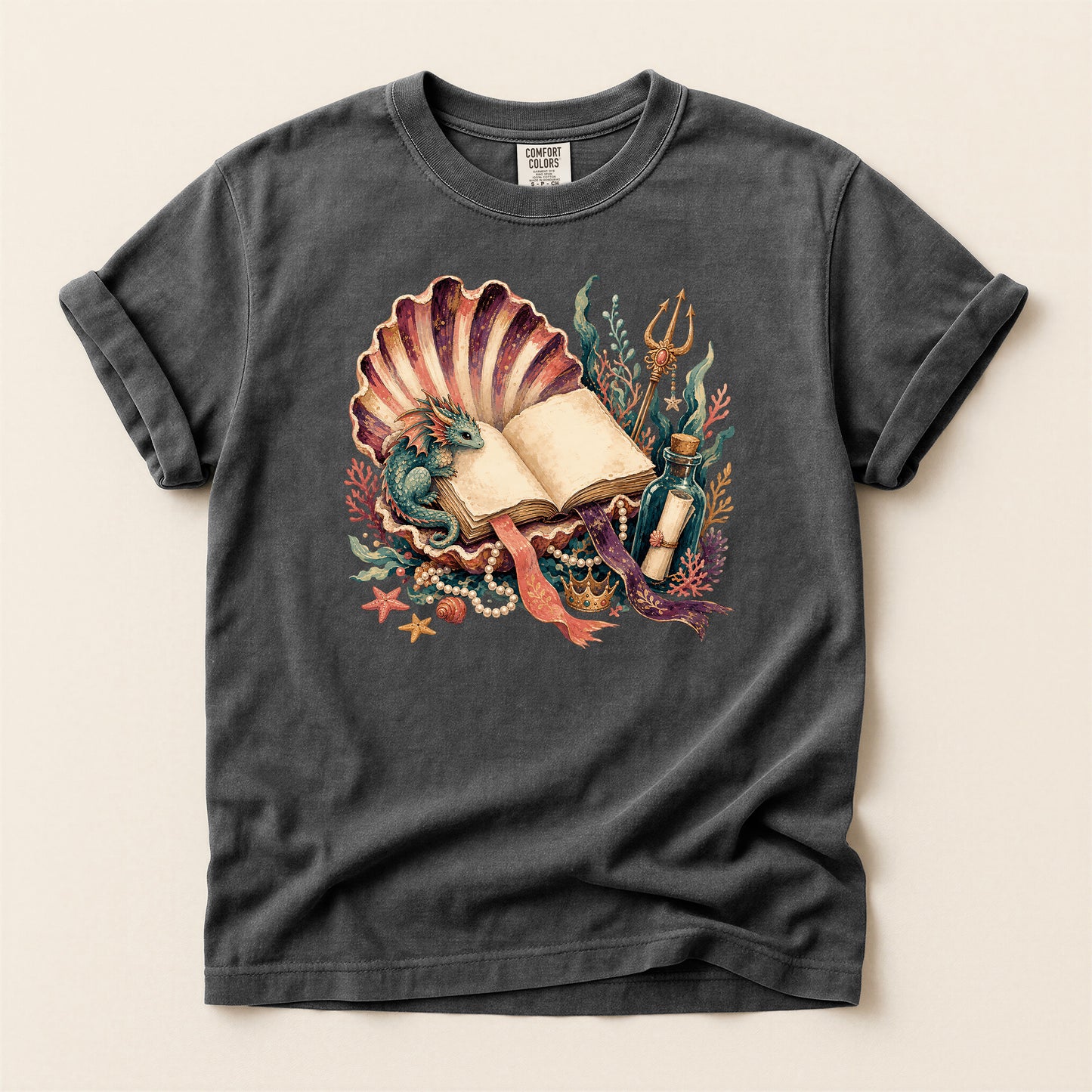 Sea Witch Book T-Shirt — Vintage Mermaid Shell & Trident Graphic