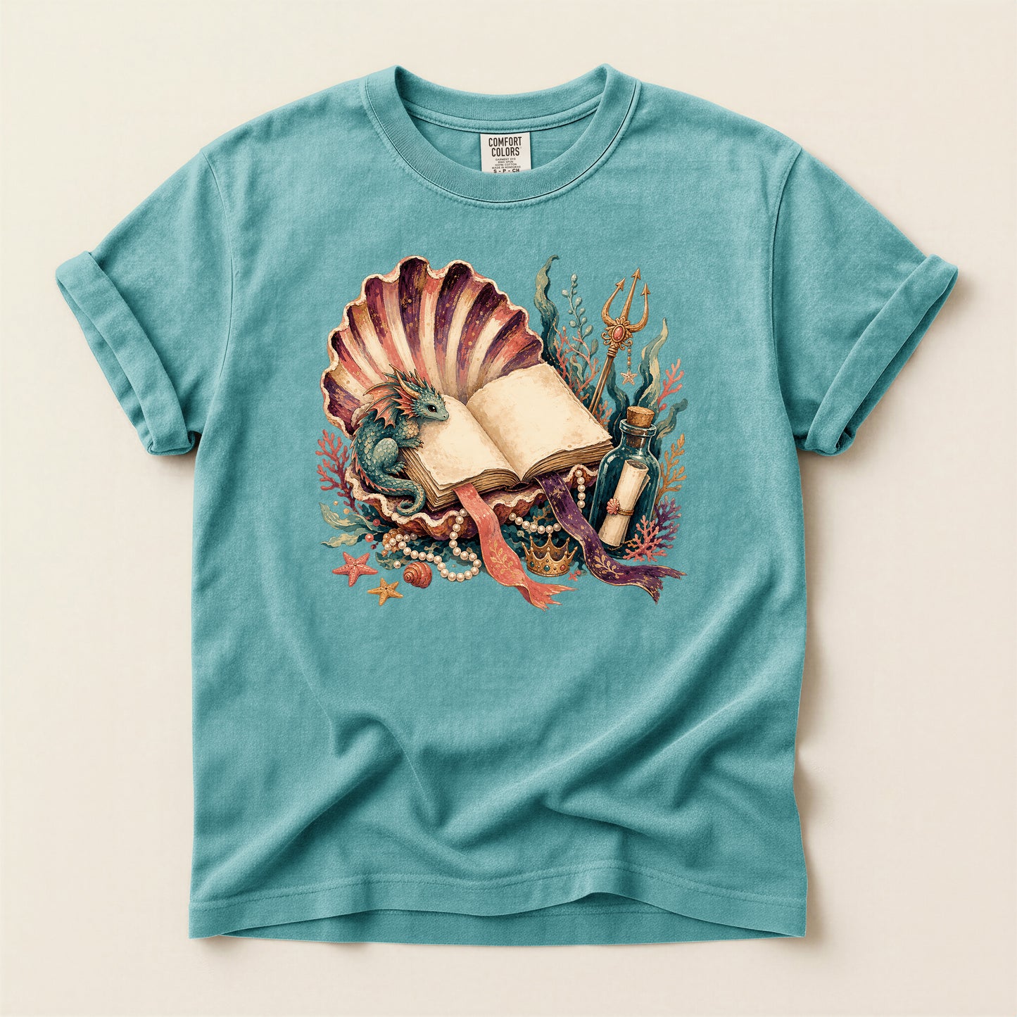 Sea Witch Book T-Shirt — Vintage Mermaid Shell & Trident Graphic