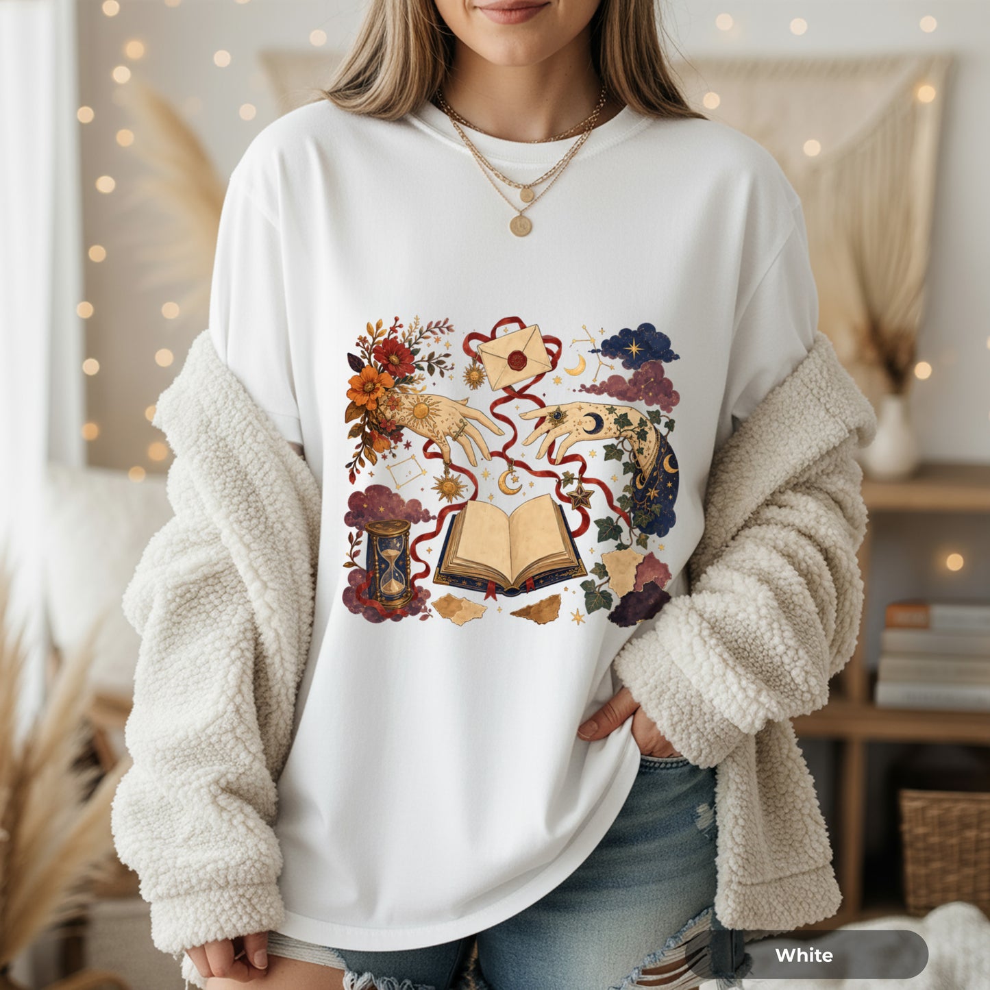 Magic Book T-Shirt — Mystical Koi & Hourglass Illustration