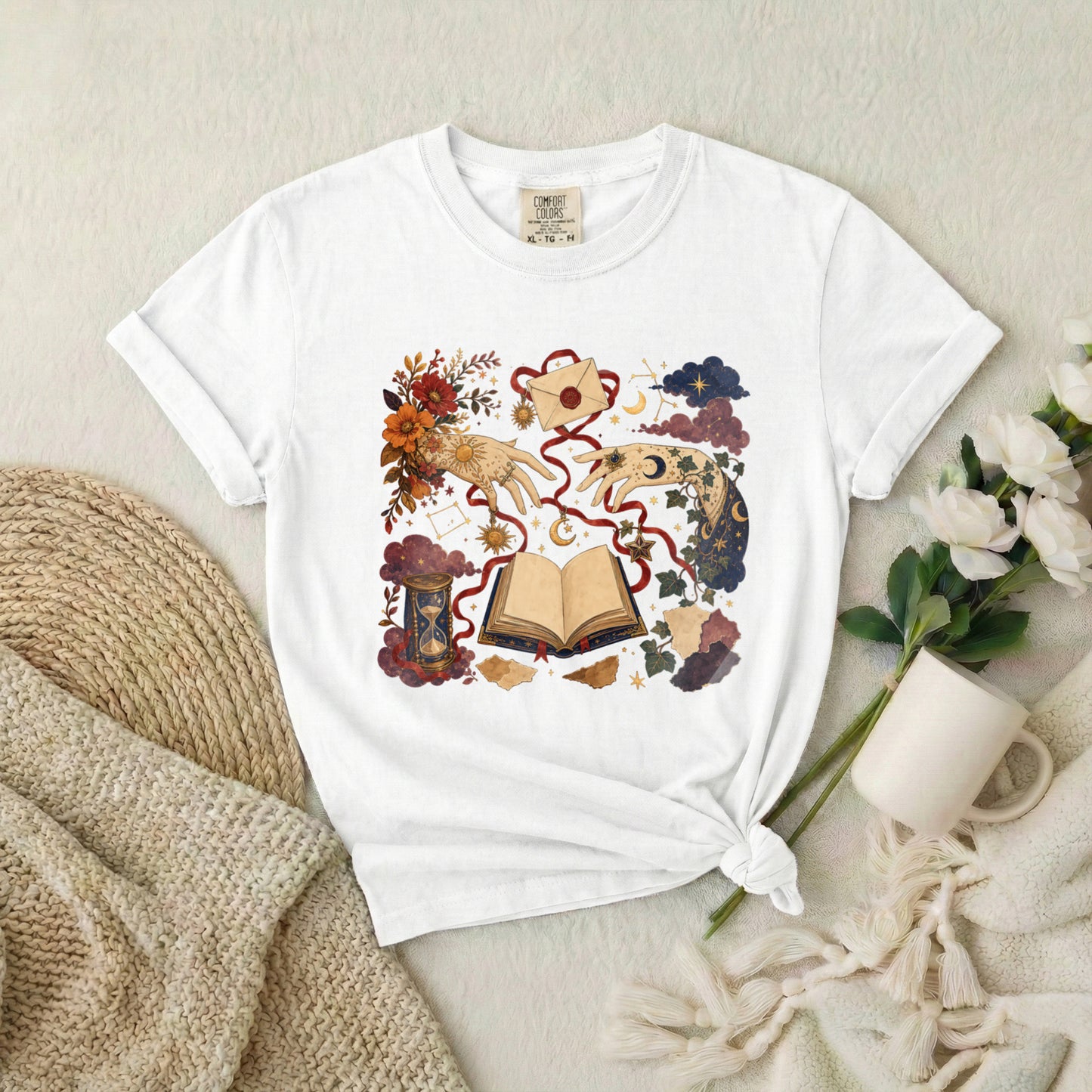 Magic Book T-Shirt — Mystical Koi & Hourglass Illustration