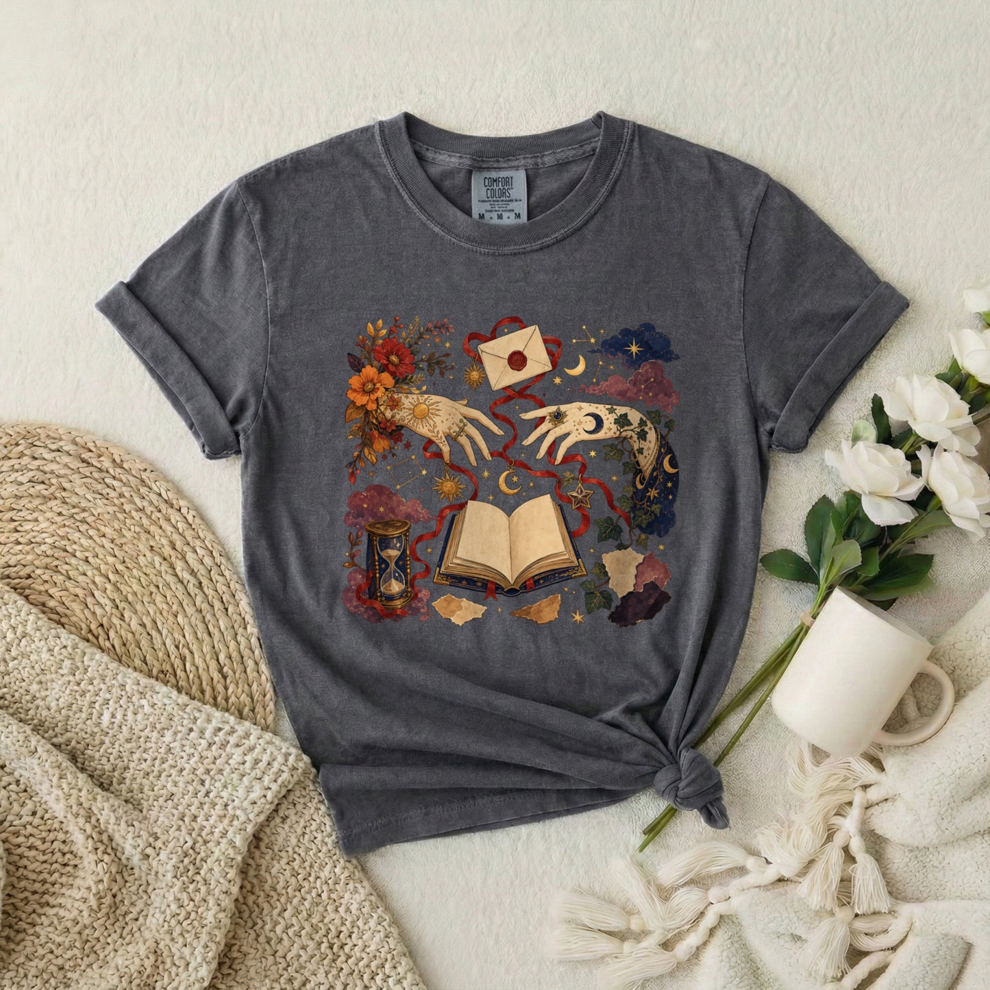 Magic Book T-Shirt — Mystical Koi & Hourglass Illustration