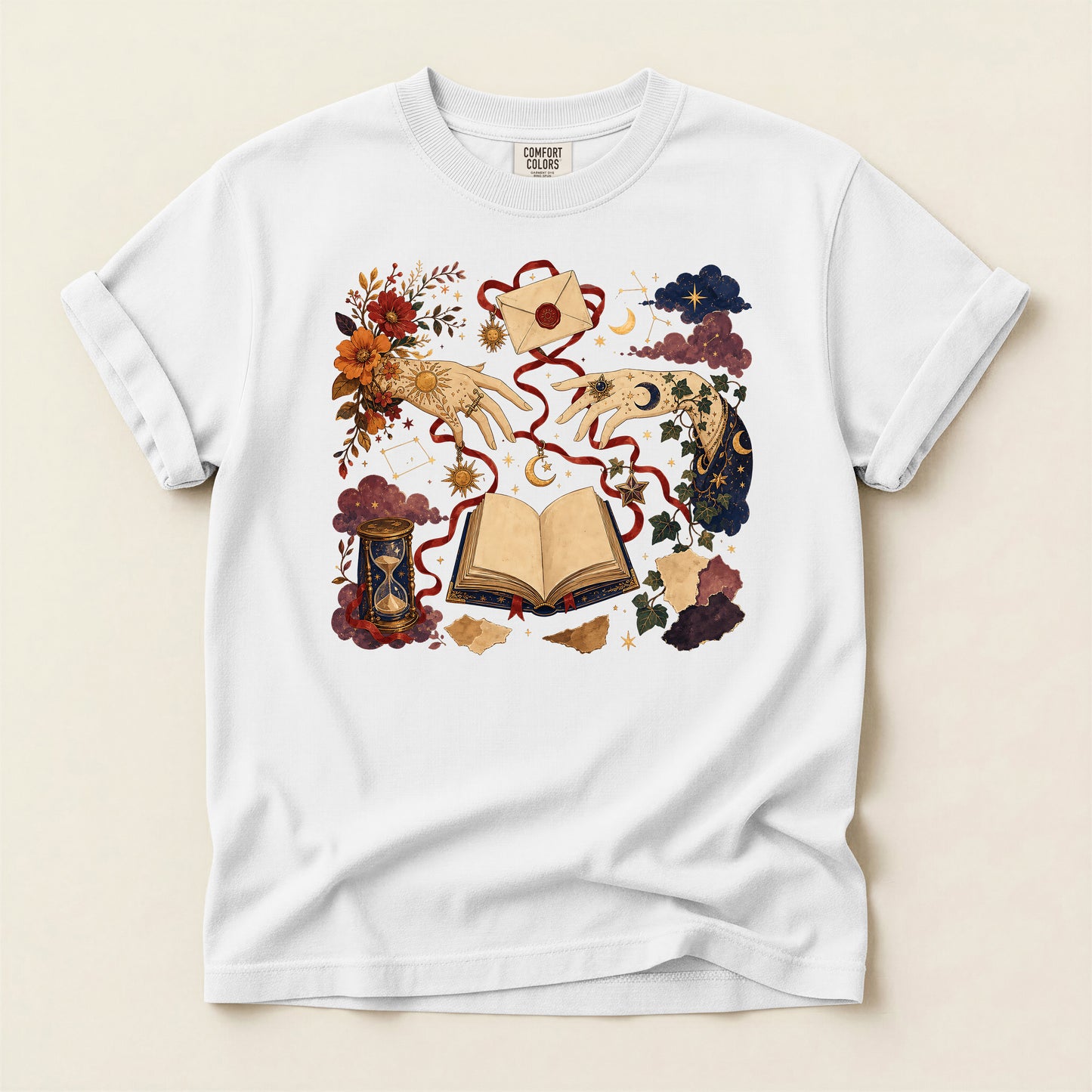 Magic Book T-Shirt — Mystical Koi & Hourglass Illustration