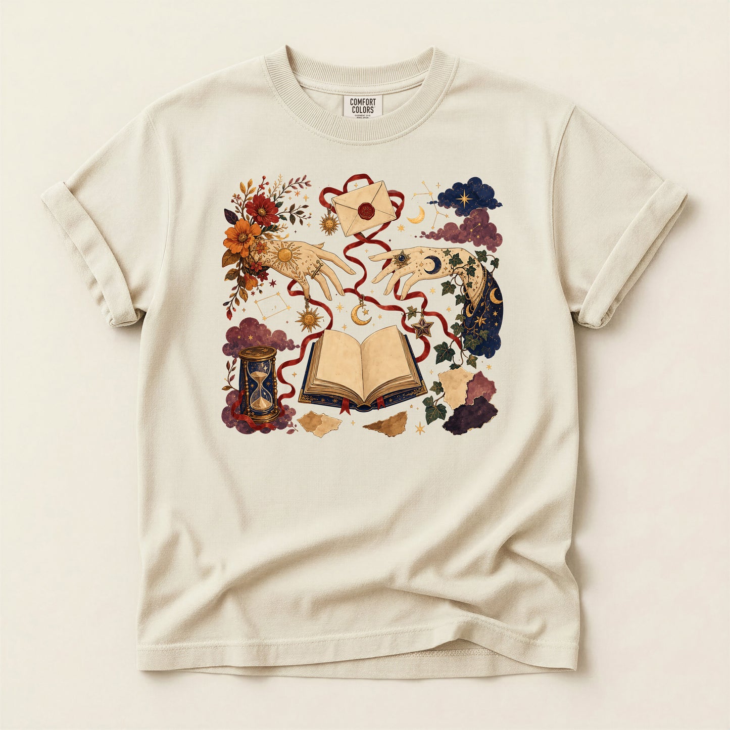 Magic Book T-Shirt — Mystical Koi & Hourglass Illustration