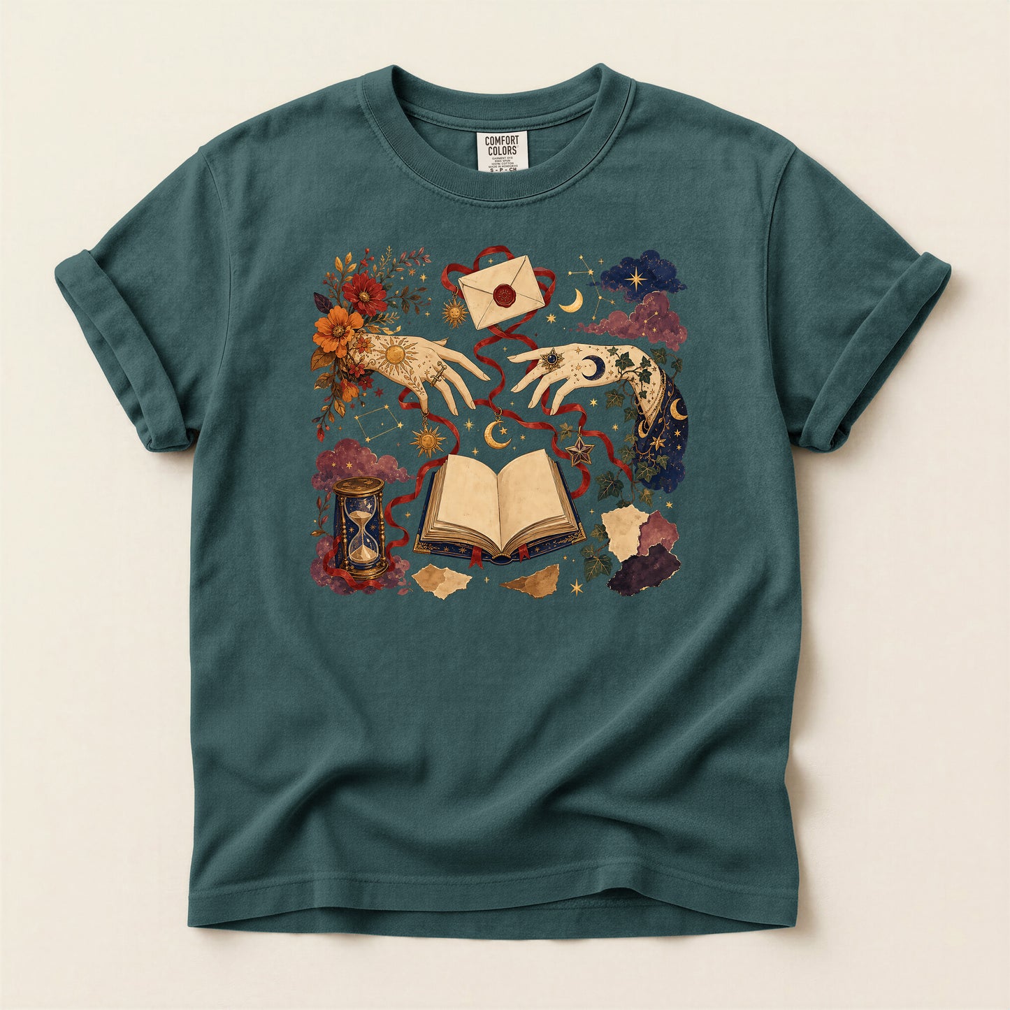Magic Book T-Shirt — Mystical Koi & Hourglass Illustration