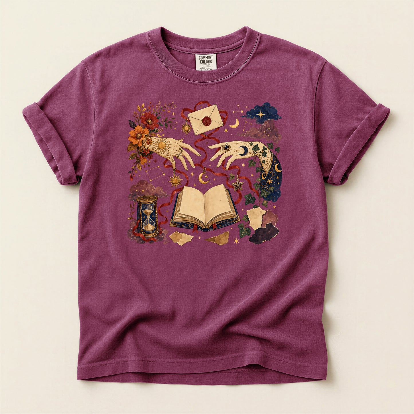 Magic Book T-Shirt — Mystical Koi & Hourglass Illustration