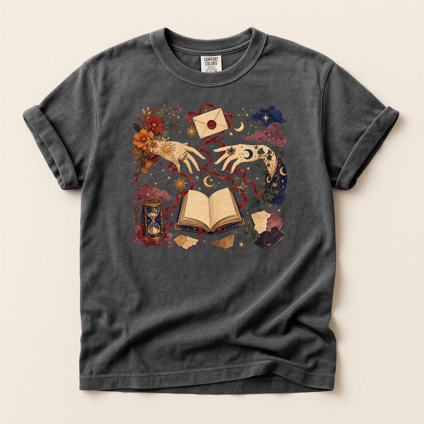 Magic Book T-Shirt — Mystical Koi & Hourglass Illustration