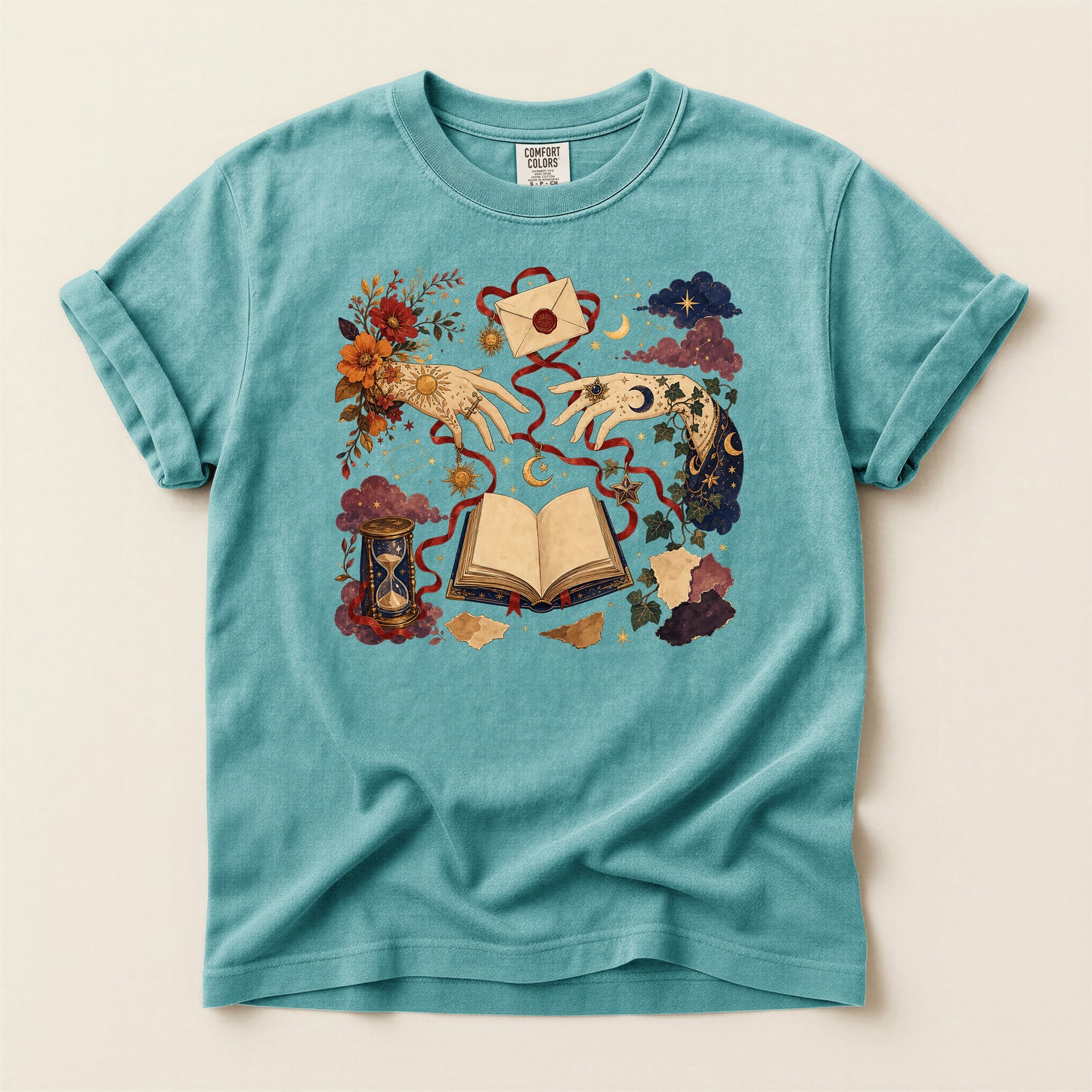 Magic Book T-Shirt — Mystical Koi & Hourglass Illustration