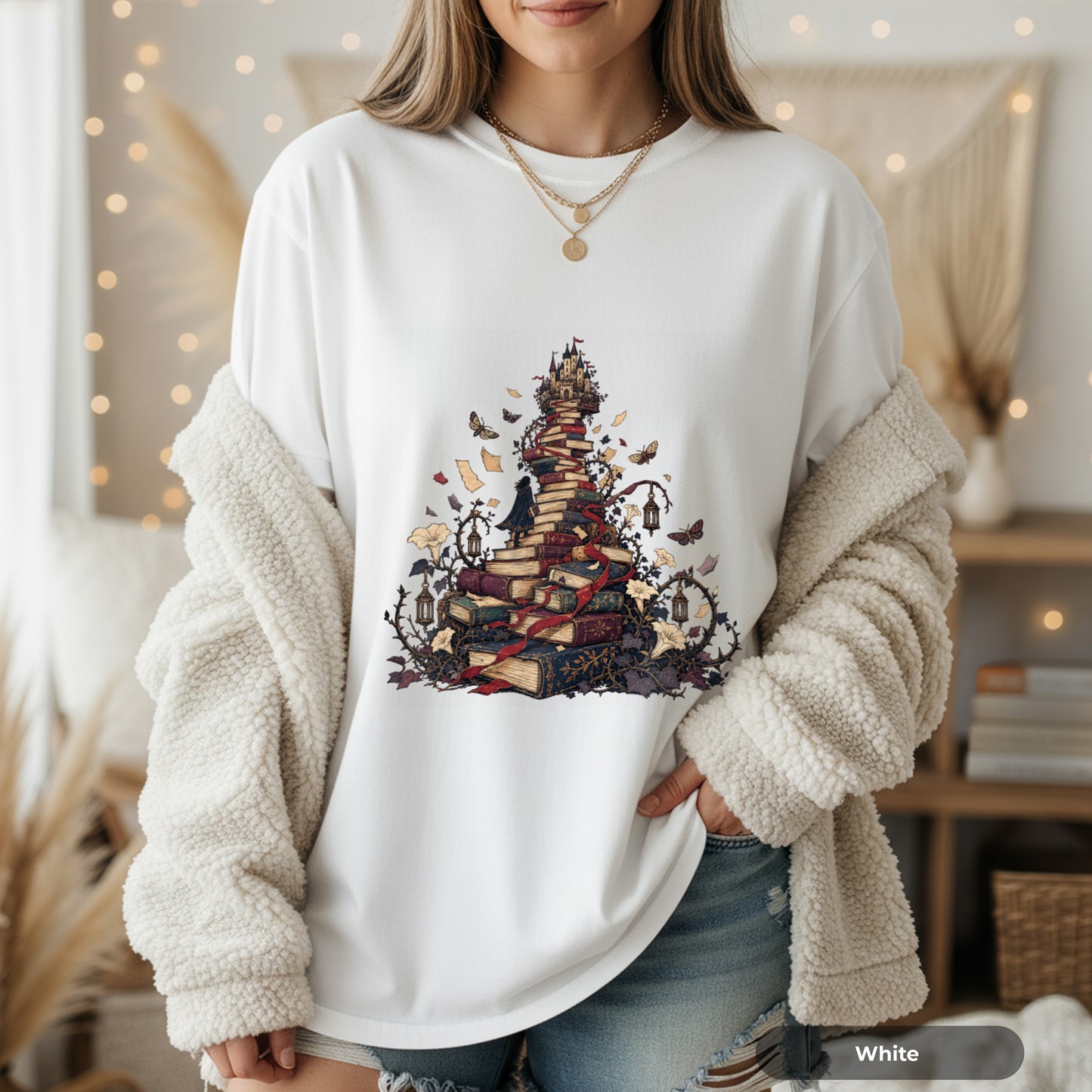 Book Pile Graphic T-Shirt — Stacked Books, Leaves & Flying Pages Tee