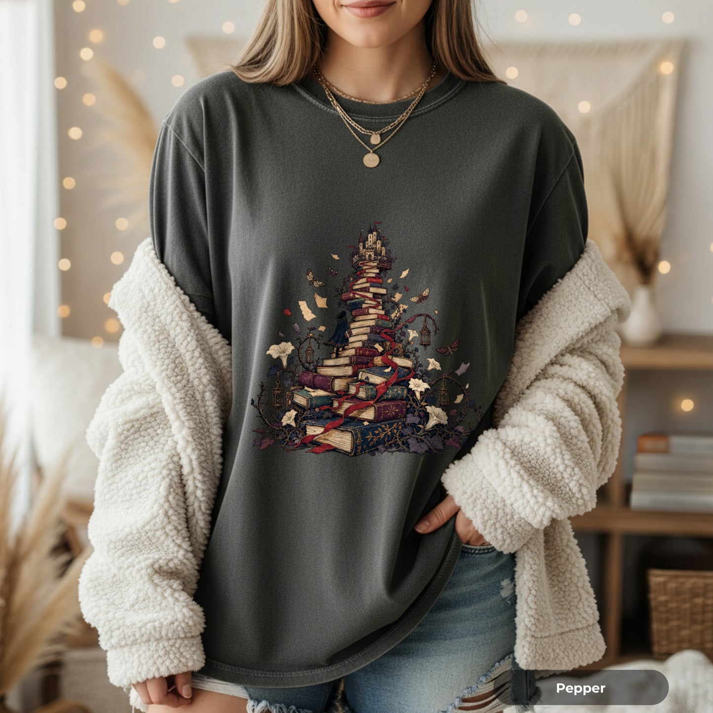 Book Pile Graphic T-Shirt — Stacked Books, Leaves & Flying Pages Tee