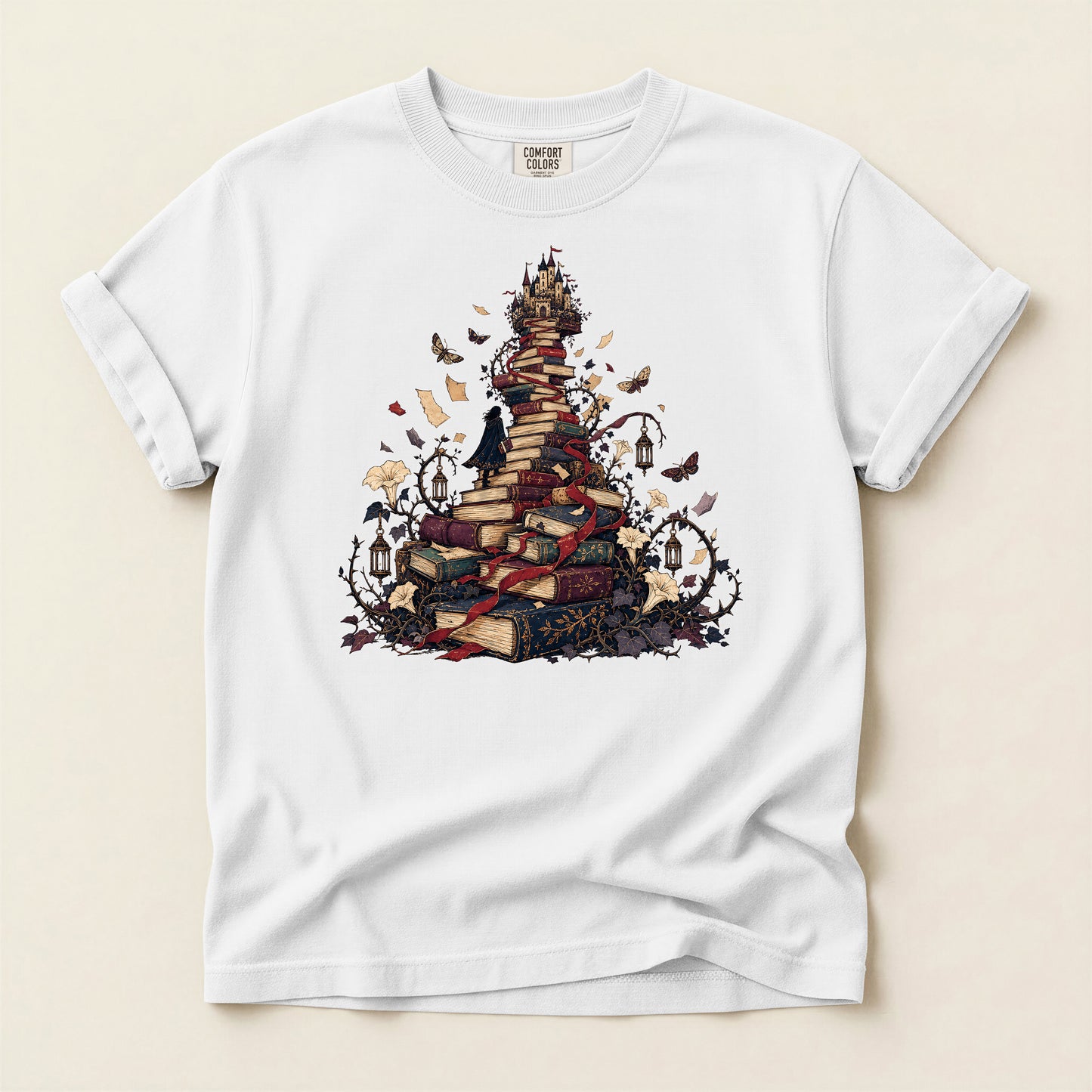 Book Pile Graphic T-Shirt — Stacked Books, Leaves & Flying Pages Tee