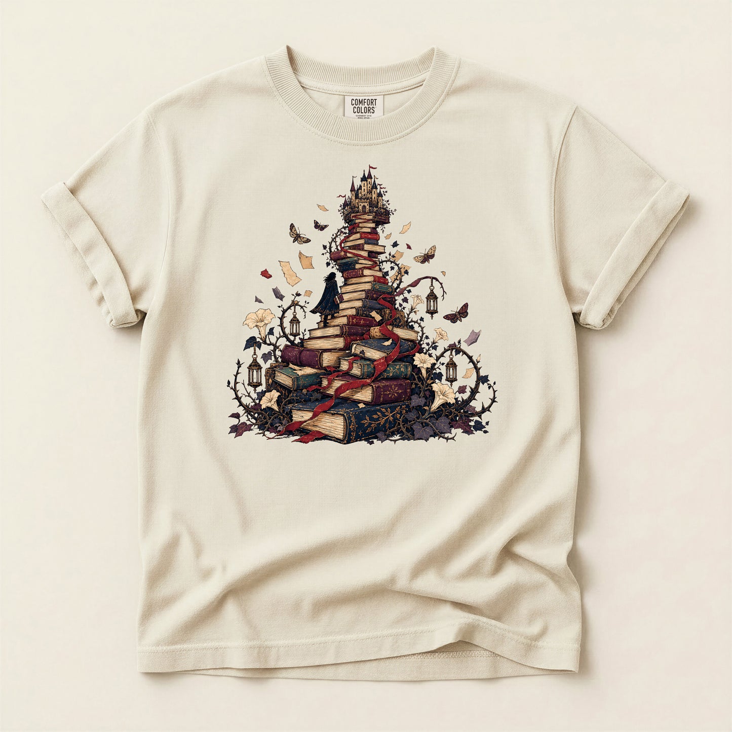Book Pile Graphic T-Shirt — Stacked Books, Leaves & Flying Pages Tee