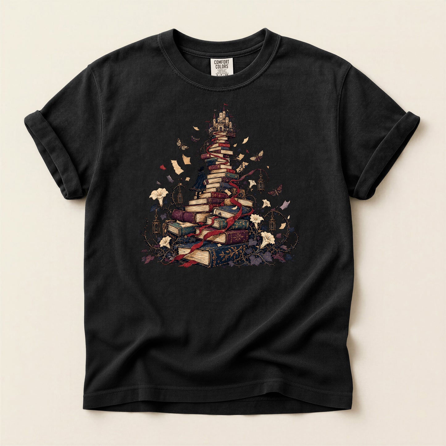 Book Pile Graphic T-Shirt — Stacked Books, Leaves & Flying Pages Tee
