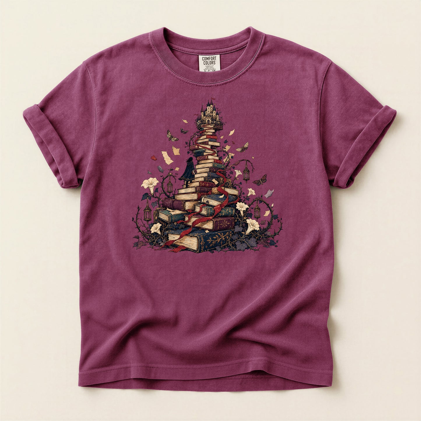 Book Pile Graphic T-Shirt — Stacked Books, Leaves & Flying Pages Tee