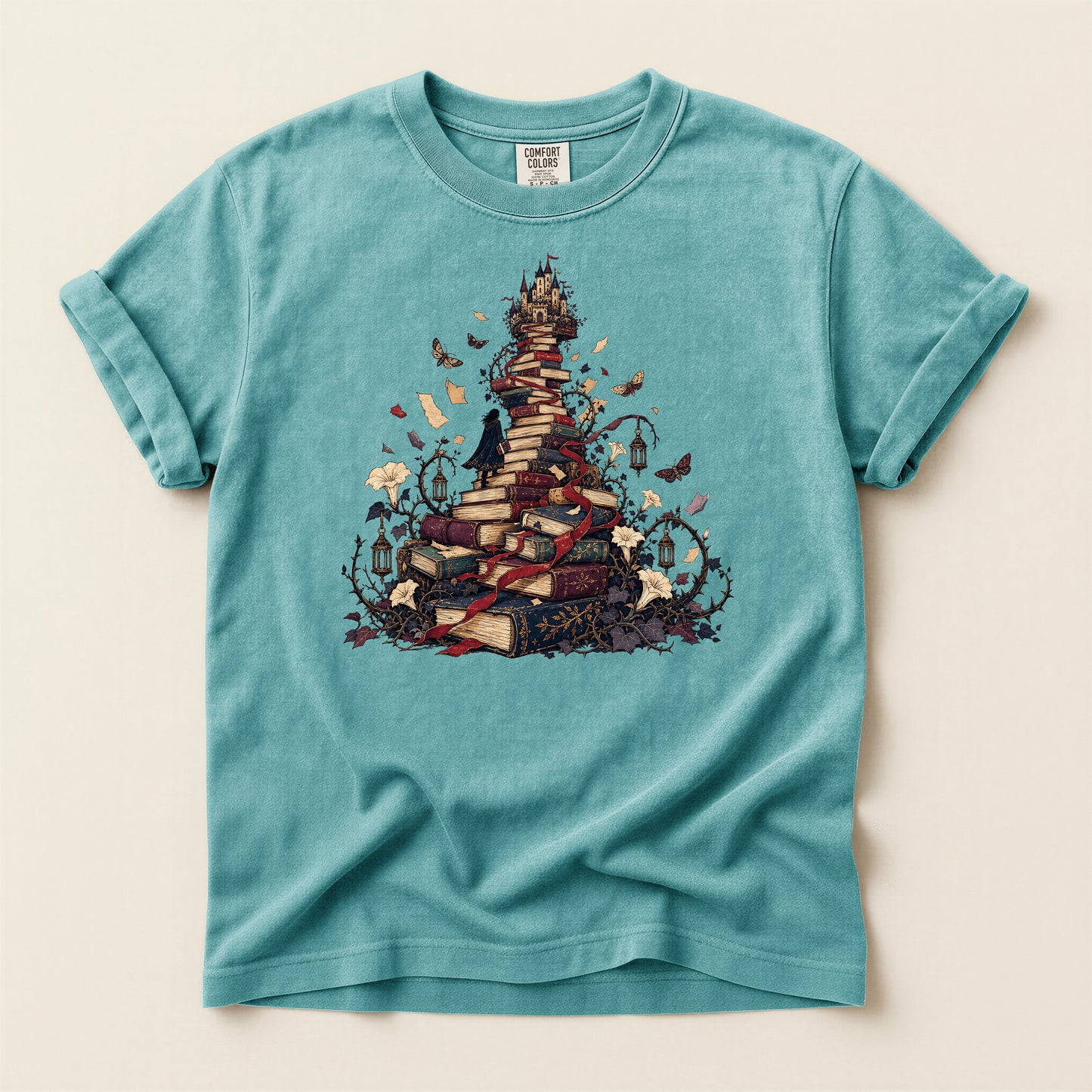 Book Pile Graphic T-Shirt — Stacked Books, Leaves & Flying Pages Tee