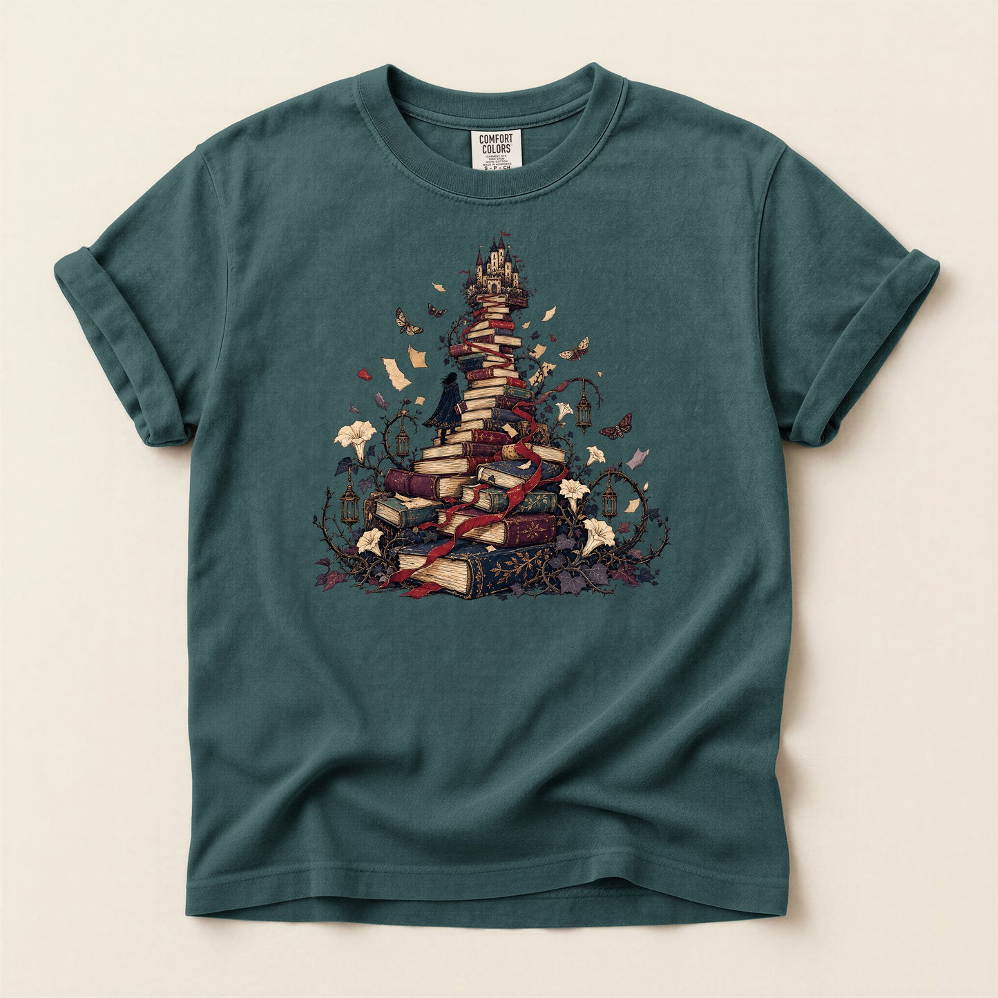 Book Pile Graphic T-Shirt — Stacked Books, Leaves & Flying Pages Tee