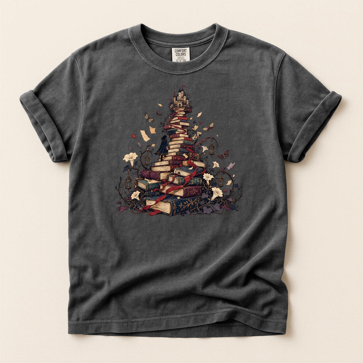 Book Pile Graphic T-Shirt — Stacked Books, Leaves & Flying Pages Tee