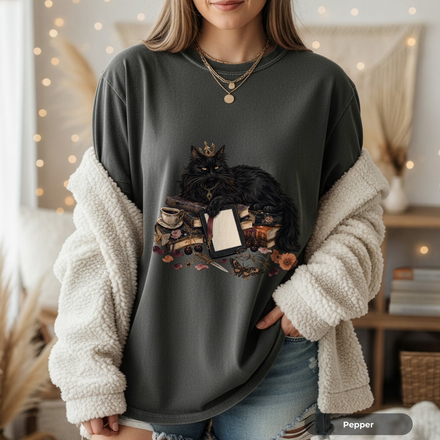 Black Cat Witchcraft T-Shirt — Queen Cat with Books & Potion Graphic