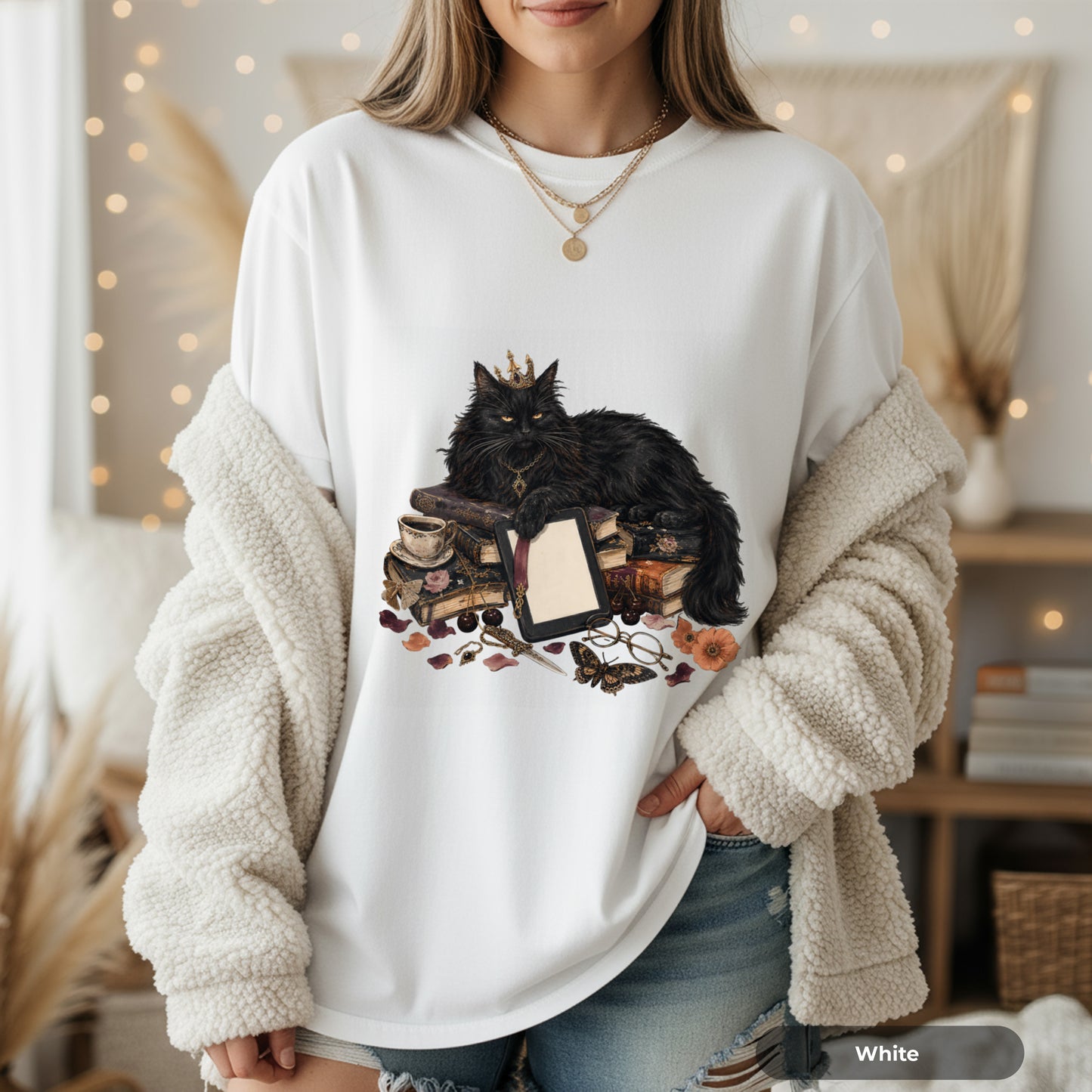Black Cat Witchcraft T-Shirt — Queen Cat with Books & Potion Graphic
