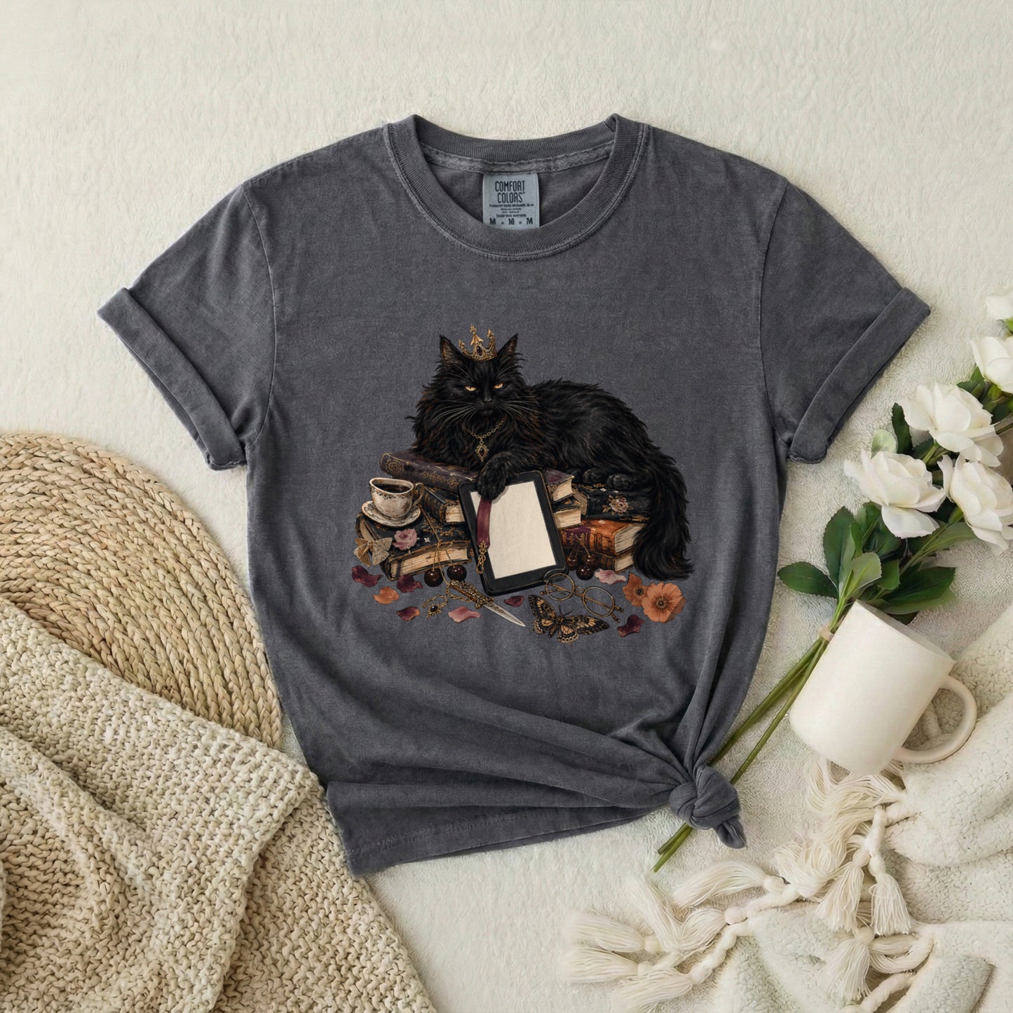 Black Cat Witchcraft T-Shirt — Queen Cat with Books & Potion Graphic