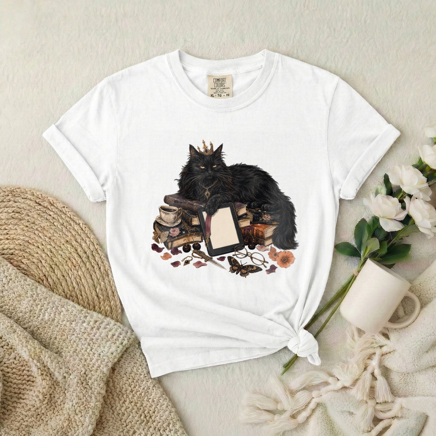 Black Cat Witchcraft T-Shirt — Queen Cat with Books & Potion Graphic