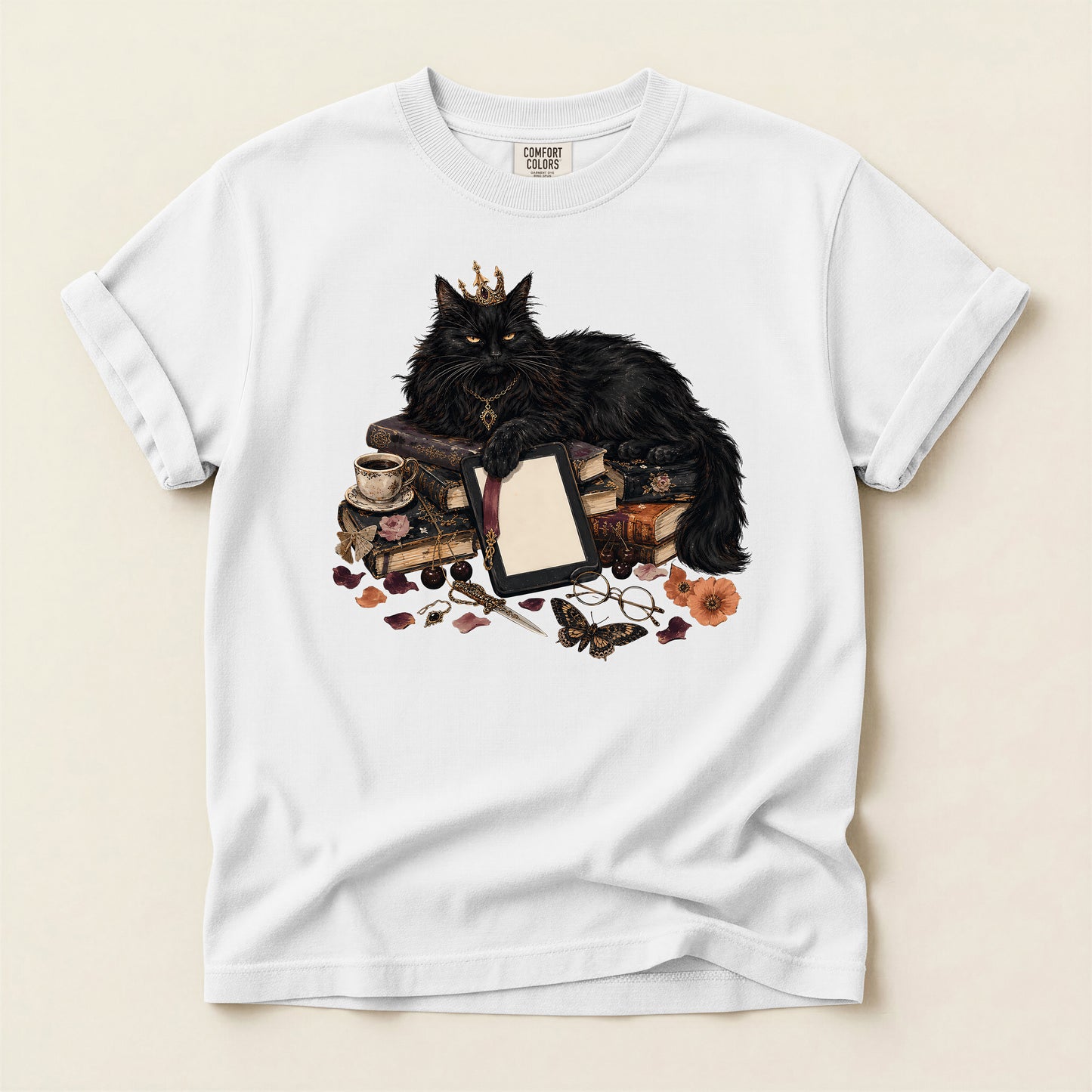 Black Cat Witchcraft T-Shirt — Queen Cat with Books & Potion Graphic