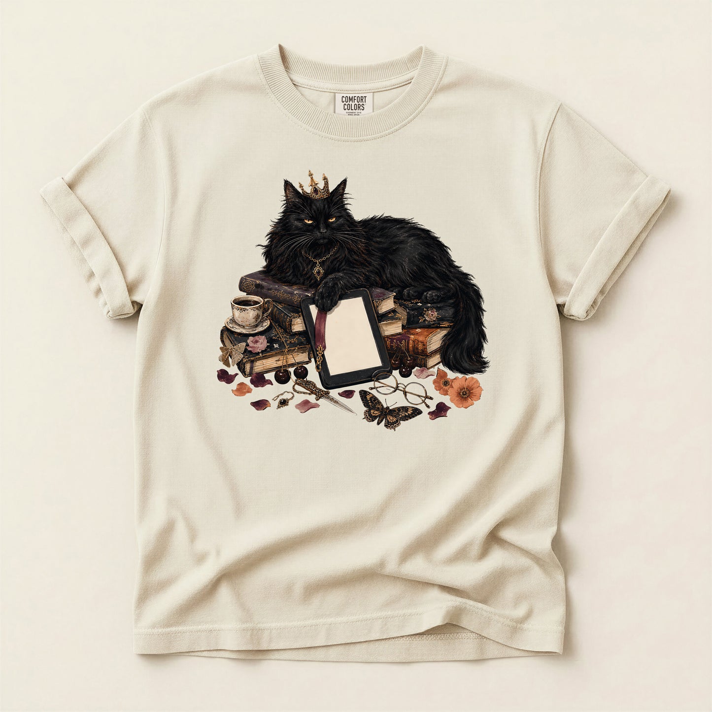 Black Cat Witchcraft T-Shirt — Queen Cat with Books & Potion Graphic