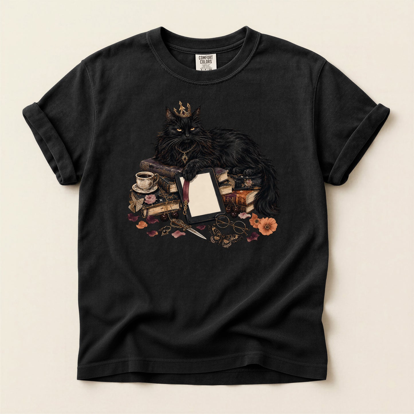 Black Cat Witchcraft T-Shirt — Queen Cat with Books & Potion Graphic